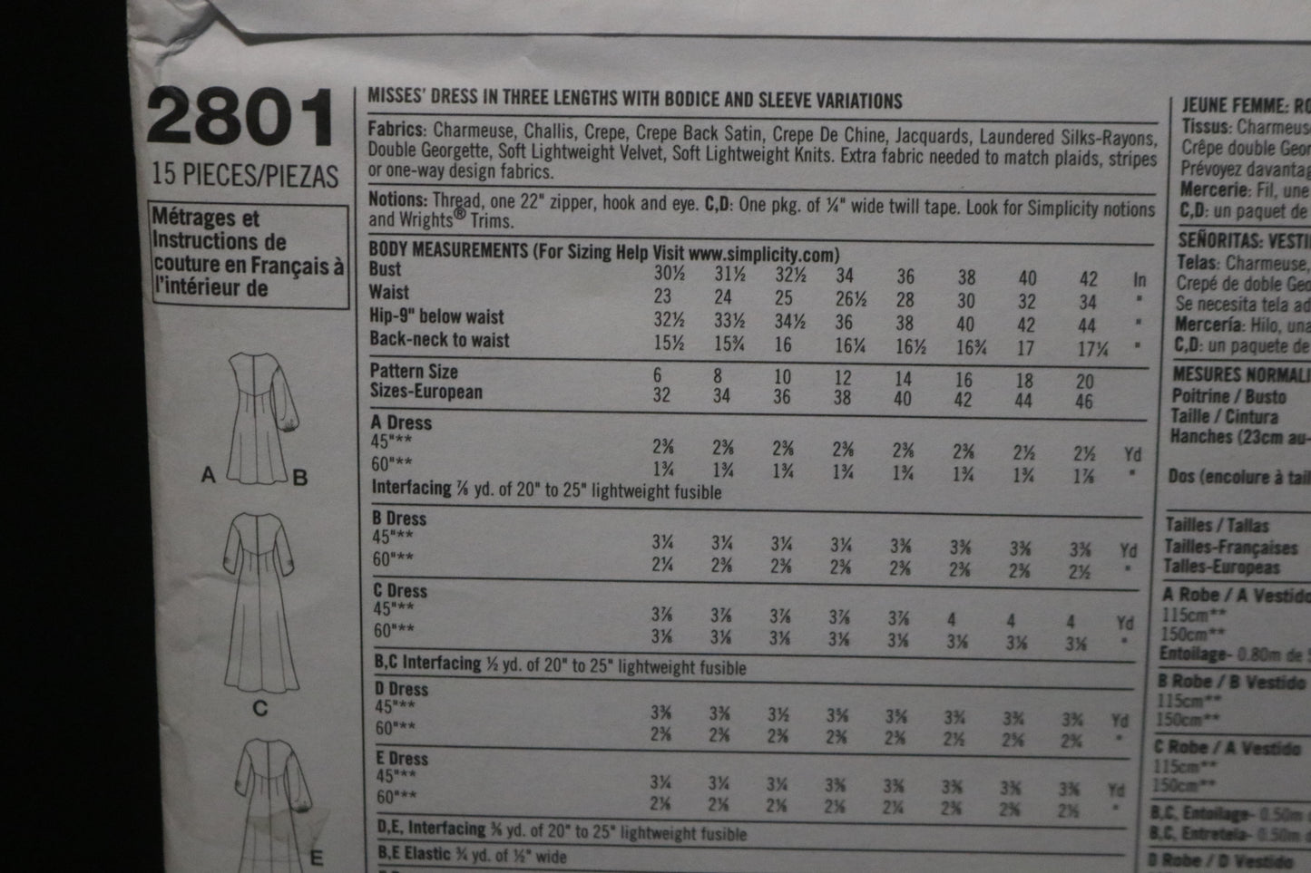 Simplicity 2801 Misses Dress in Three Lengths with Bodice and Sleeve Variations Sewing Pattern UNCUT  Size 12 - 20