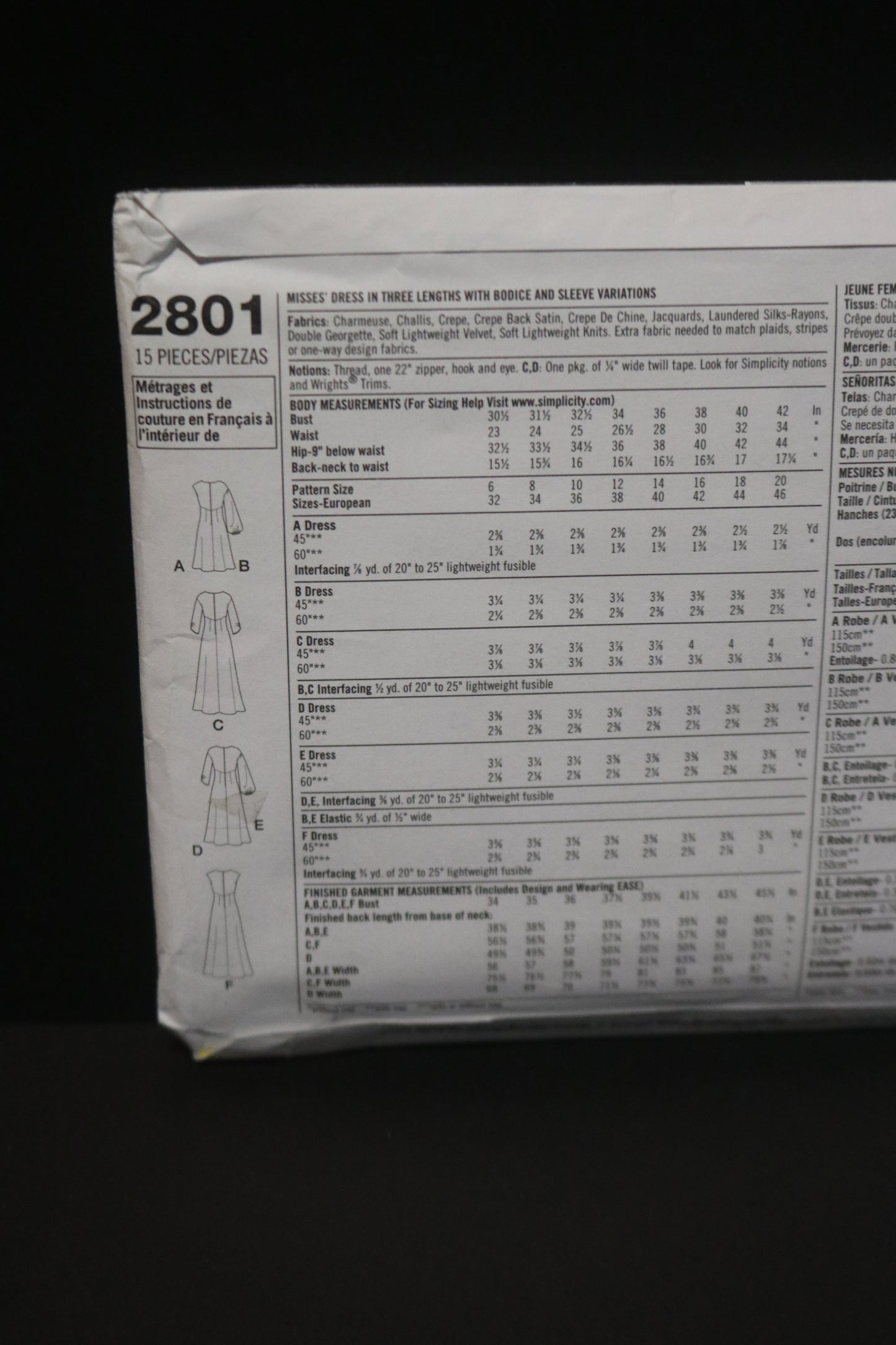 Simplicity 2801 Misses Dress in Three Lengths with Bodice and Sleeve Variations Sewing Pattern UNCUT  Size 12 - 20