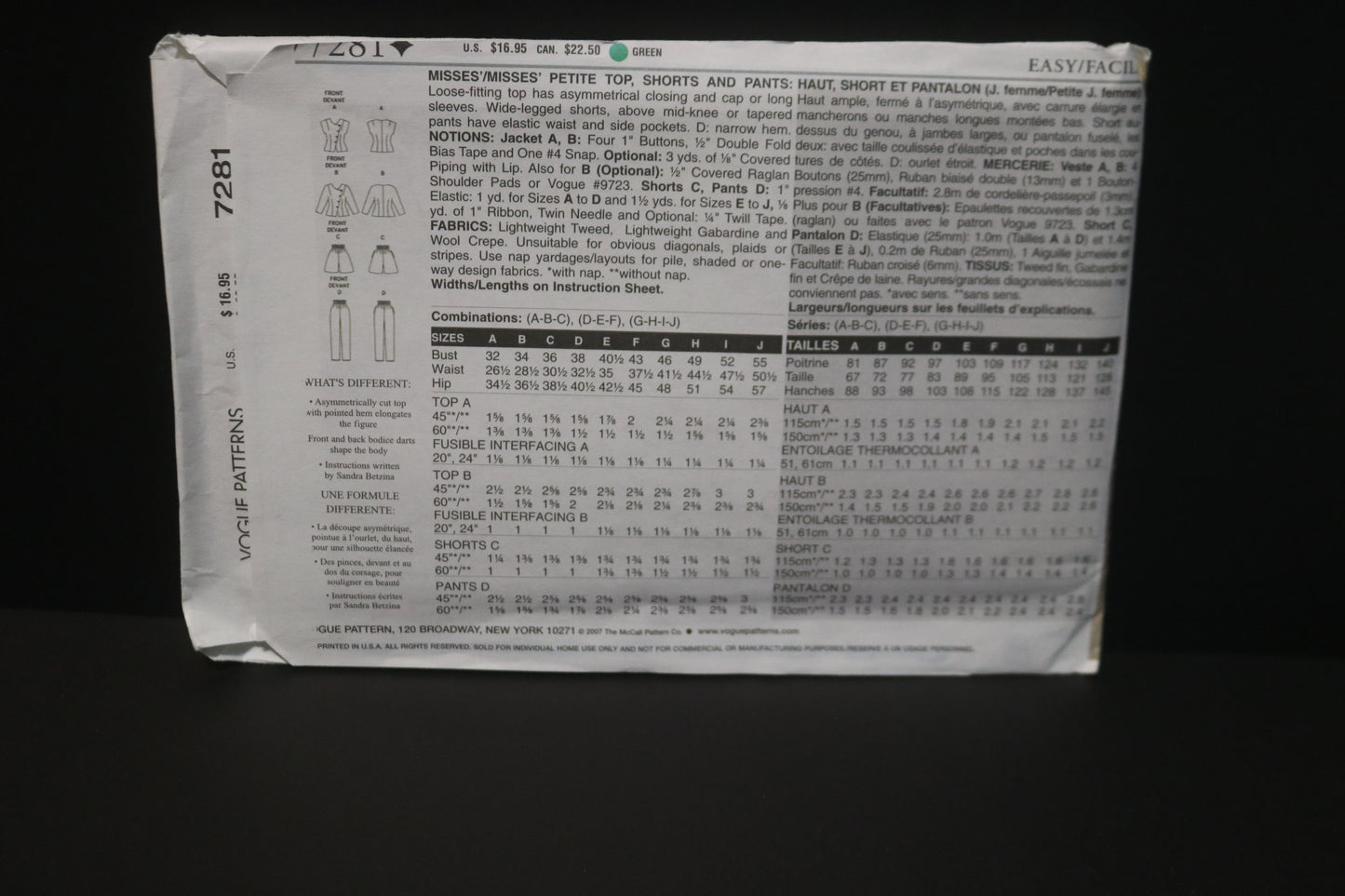 Vogue 7281 Sandra Betzina Misses / Misses Petite Top Shorts and Pants Sewing Pattern - UNCUT - Size A B C