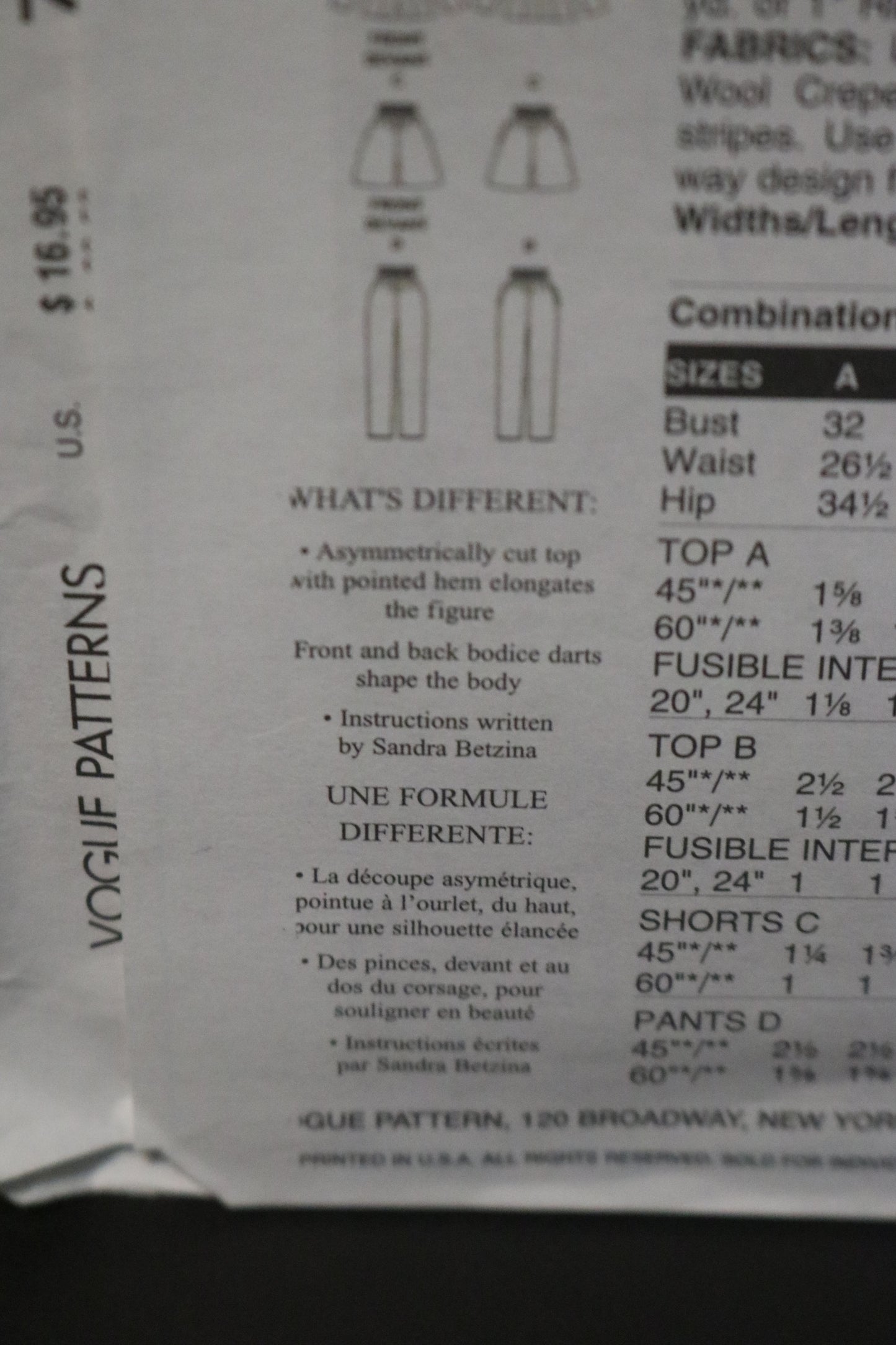 Vogue 7281 Sandra Betzina Misses / Misses Petite Top Shorts and Pants Sewing Pattern - UNCUT - Size A B C