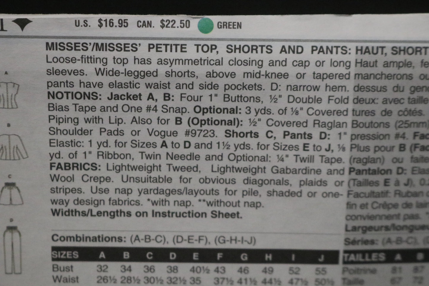 Vogue 7281 Sandra Betzina Misses / Misses Petite Top Shorts and Pants Sewing Pattern - UNCUT - Size A B C