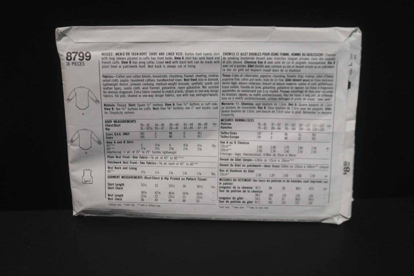 Simplicity 8799 Misses Mens or Teen Boys Shirt and Lined Vest Sewing Pattern UNCUT - Size L,XL