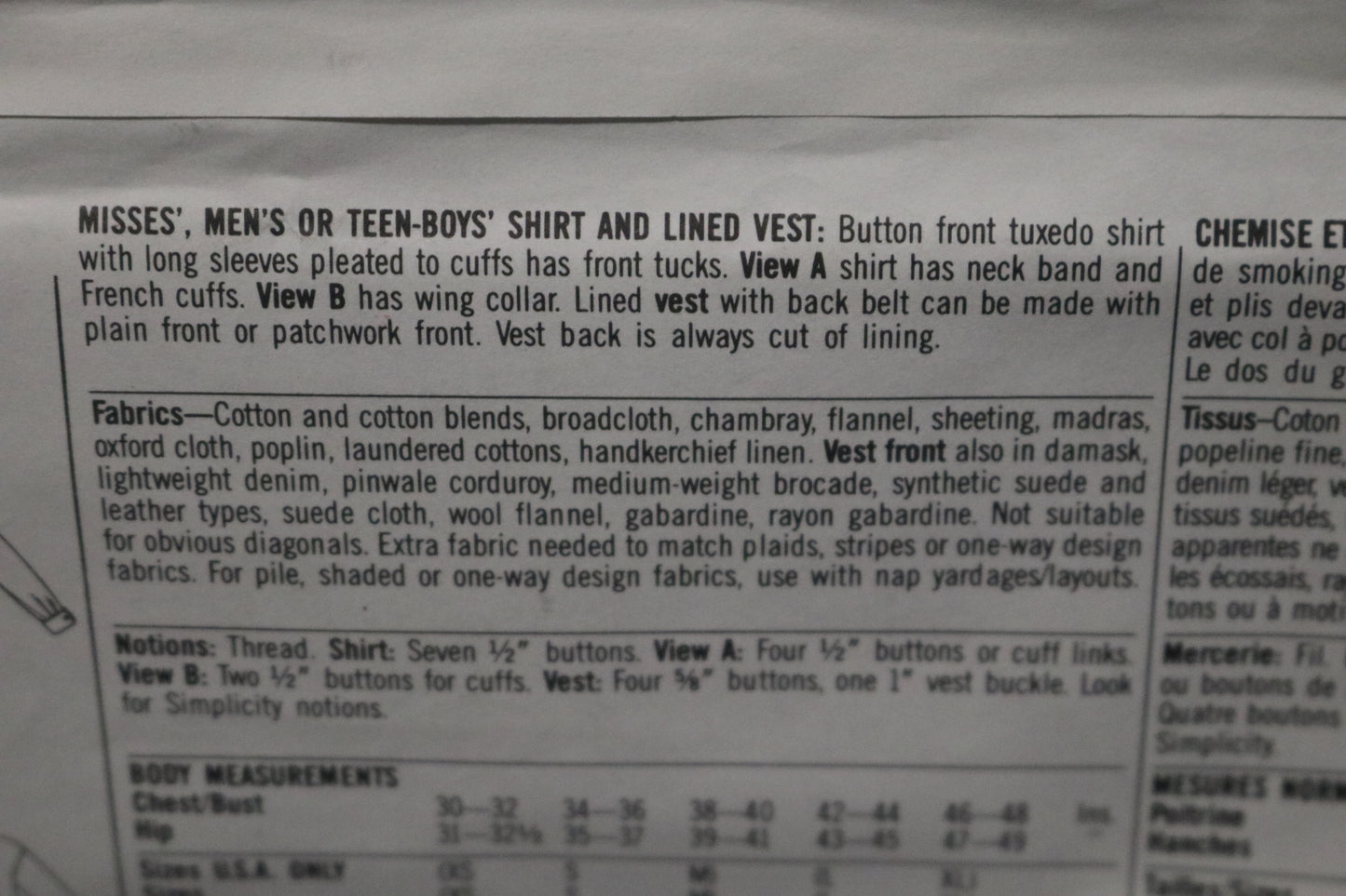 Simplicity 8799 Misses Mens or Teen Boys Shirt and Lined Vest Sewing Pattern UNCUT - Size L,XL