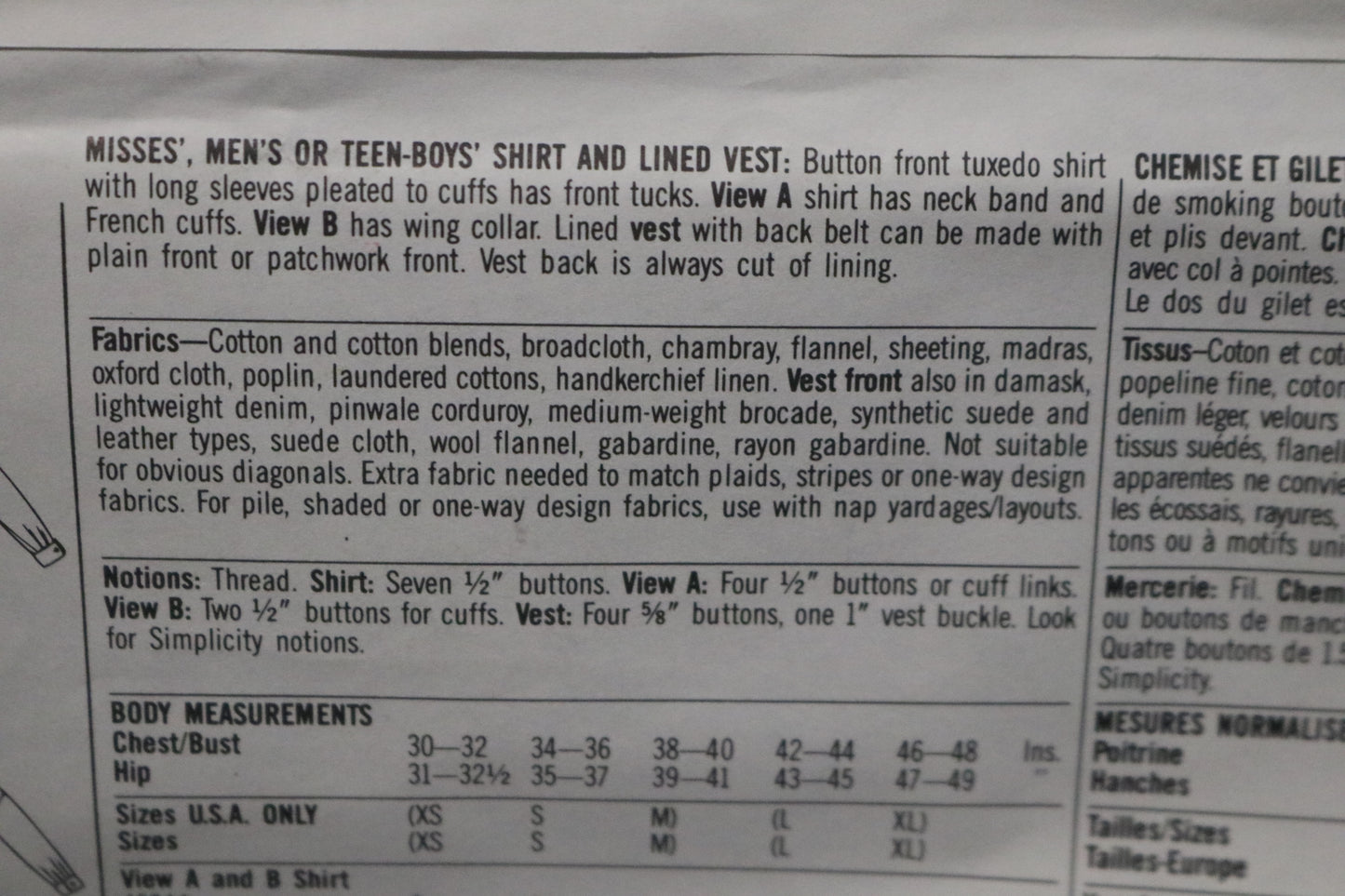 Simplicity 8799 Misses Mens or Teen Boys Shirt and Lined Vest Sewing Pattern UNCUT - Size L,XL