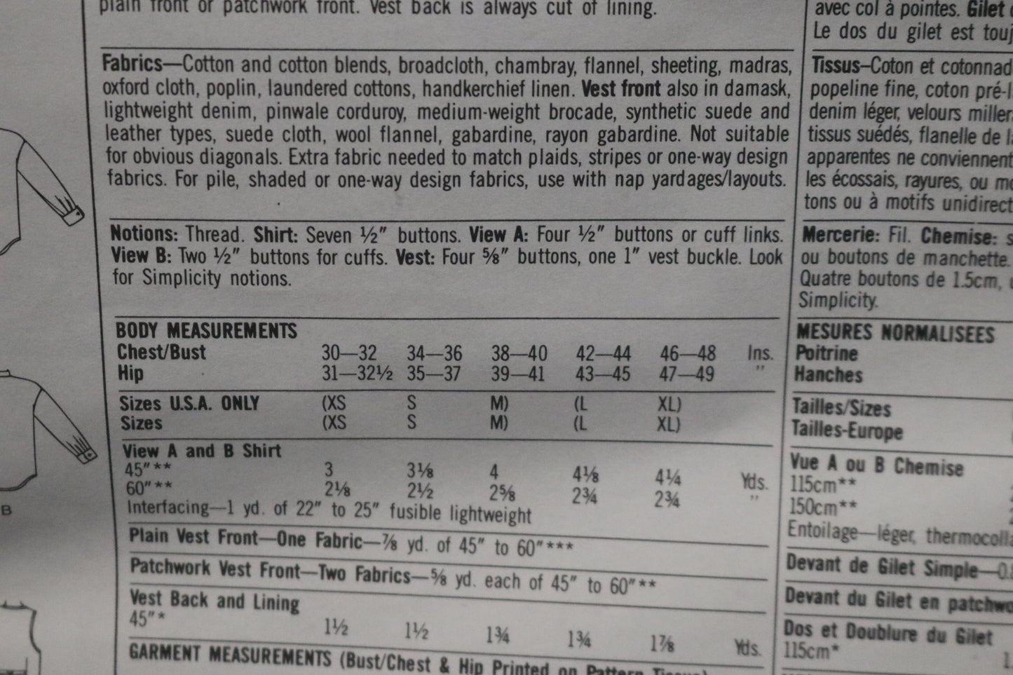 Simplicity 8799 Misses Mens or Teen Boys Shirt and Lined Vest Sewing Pattern UNCUT - Size L,XL