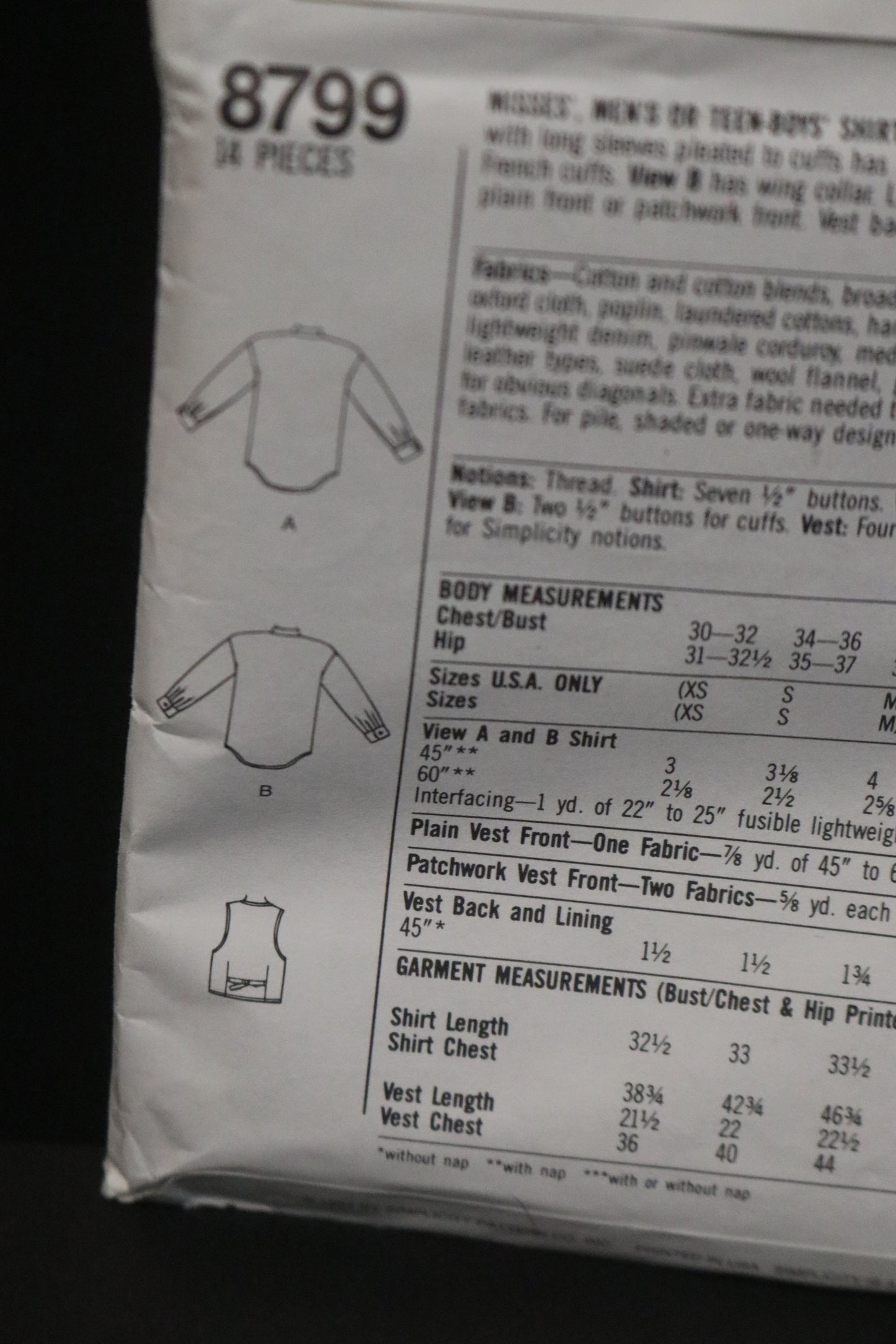 Simplicity 8799 Misses Mens or Teen Boys Shirt and Lined Vest Sewing Pattern UNCUT - Size L,XL