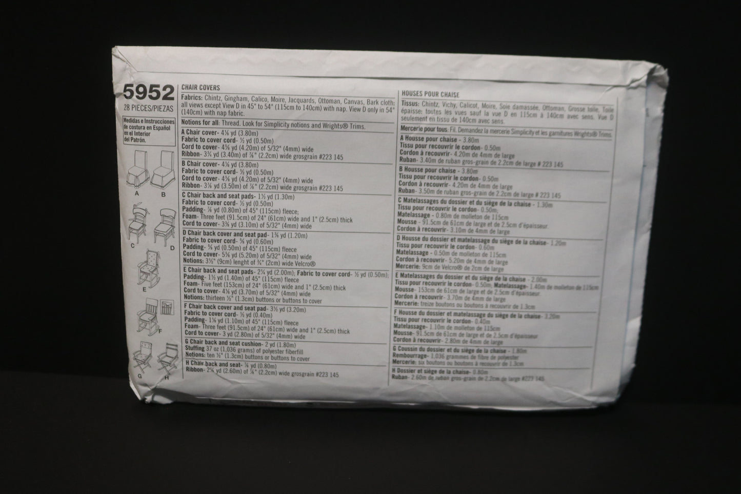 Simplicity 5952 Designer Chair Covers and Chair Pads  Sewing Pattern - UNCUT