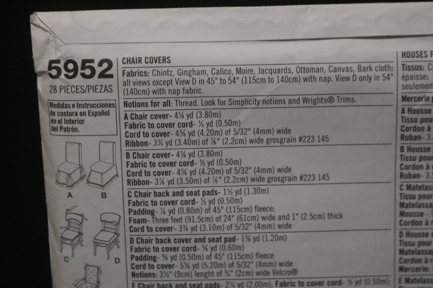 Simplicity 5952 Designer Chair Covers and Chair Pads  Sewing Pattern - UNCUT