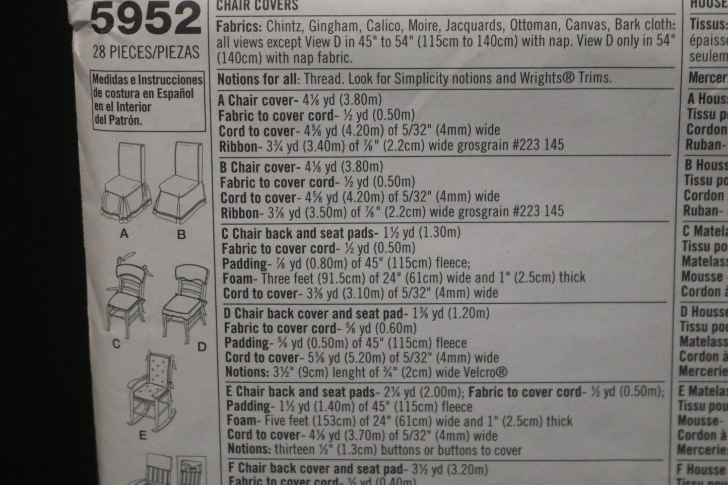 Simplicity 5952 Designer Chair Covers and Chair Pads  Sewing Pattern - UNCUT