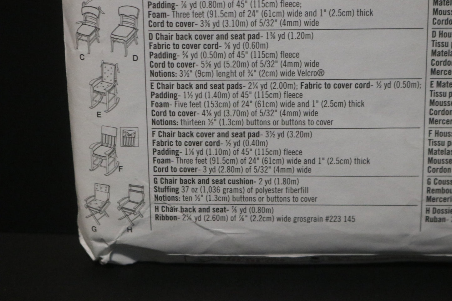 Simplicity 5952 Designer Chair Covers and Chair Pads  Sewing Pattern - UNCUT