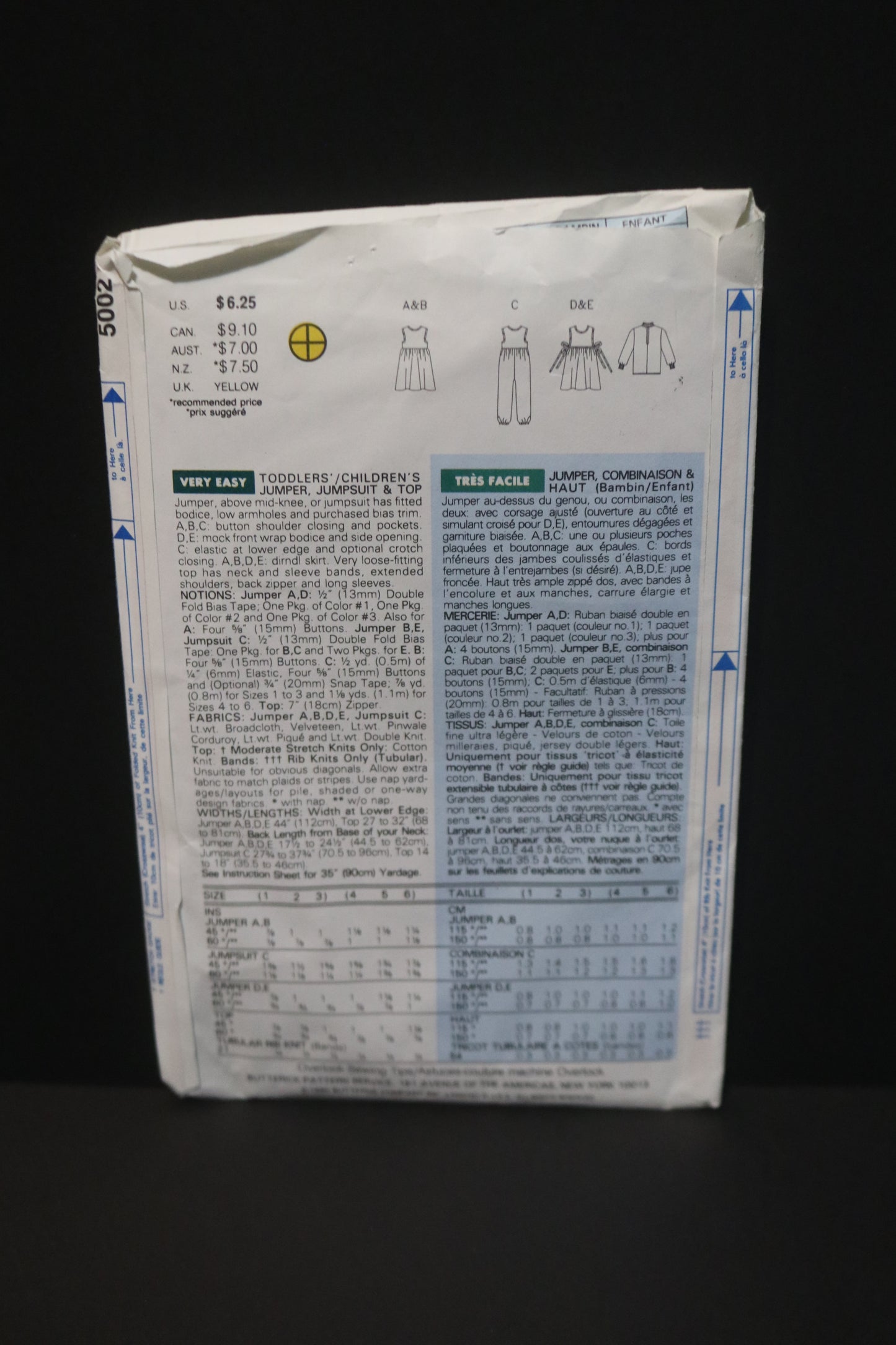 Butterick 5002 Toddlers Girls Jumper, Jumpsuit and Top Sewing Pattern - UNCUT - Size 1 2 3