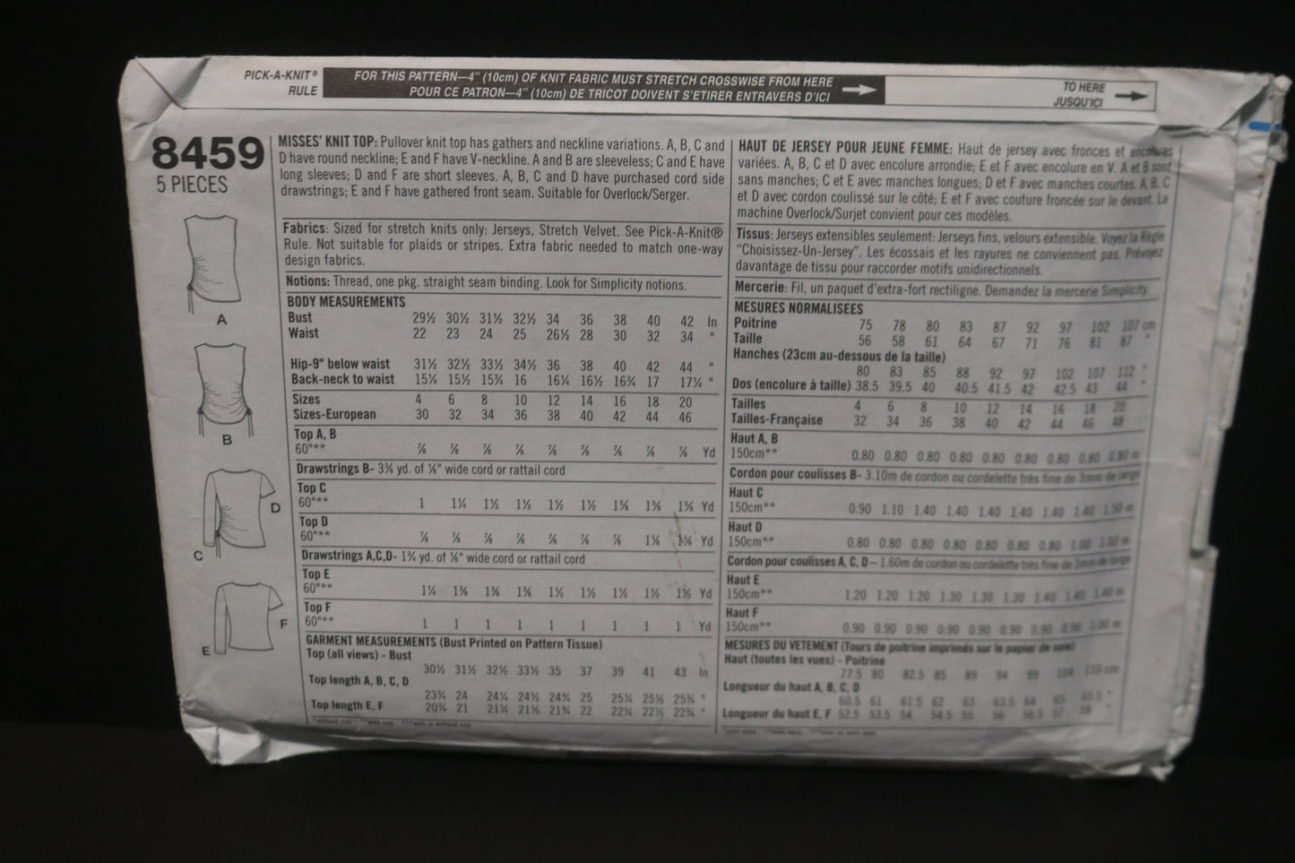 Simplicity 8459 Misses Knit Top Sewing Pattern - UNCUT - Size 10 12 14