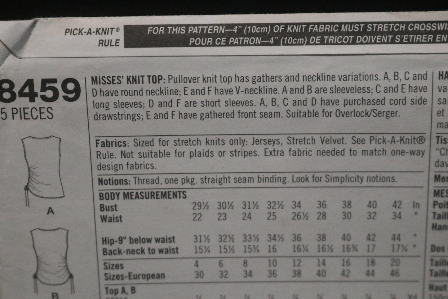 Simplicity 8459 Misses Knit Top Sewing Pattern - UNCUT - Size 10 12 14