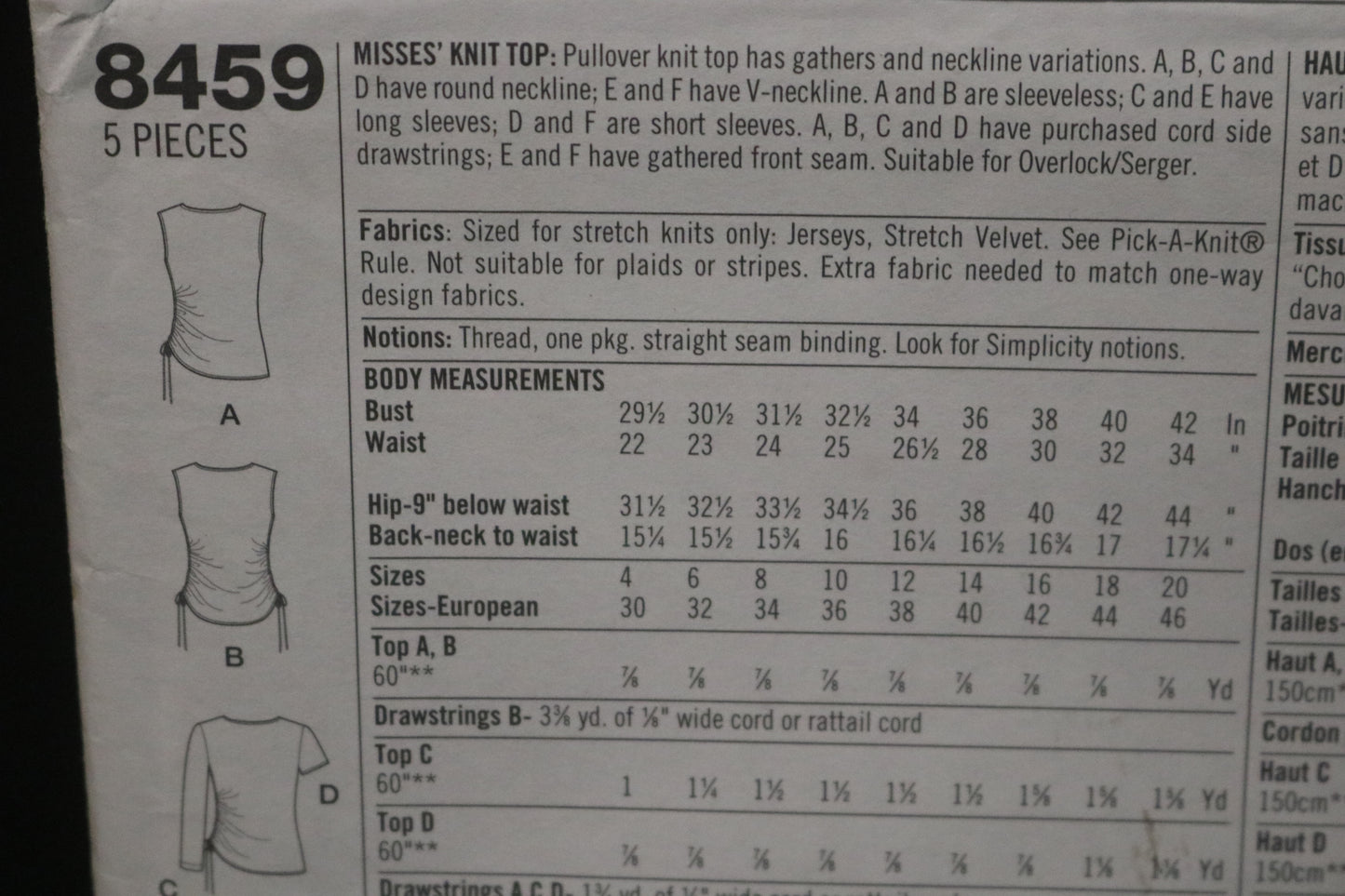 Simplicity 8459 Misses Knit Top Sewing Pattern - UNCUT - Size 10 12 14