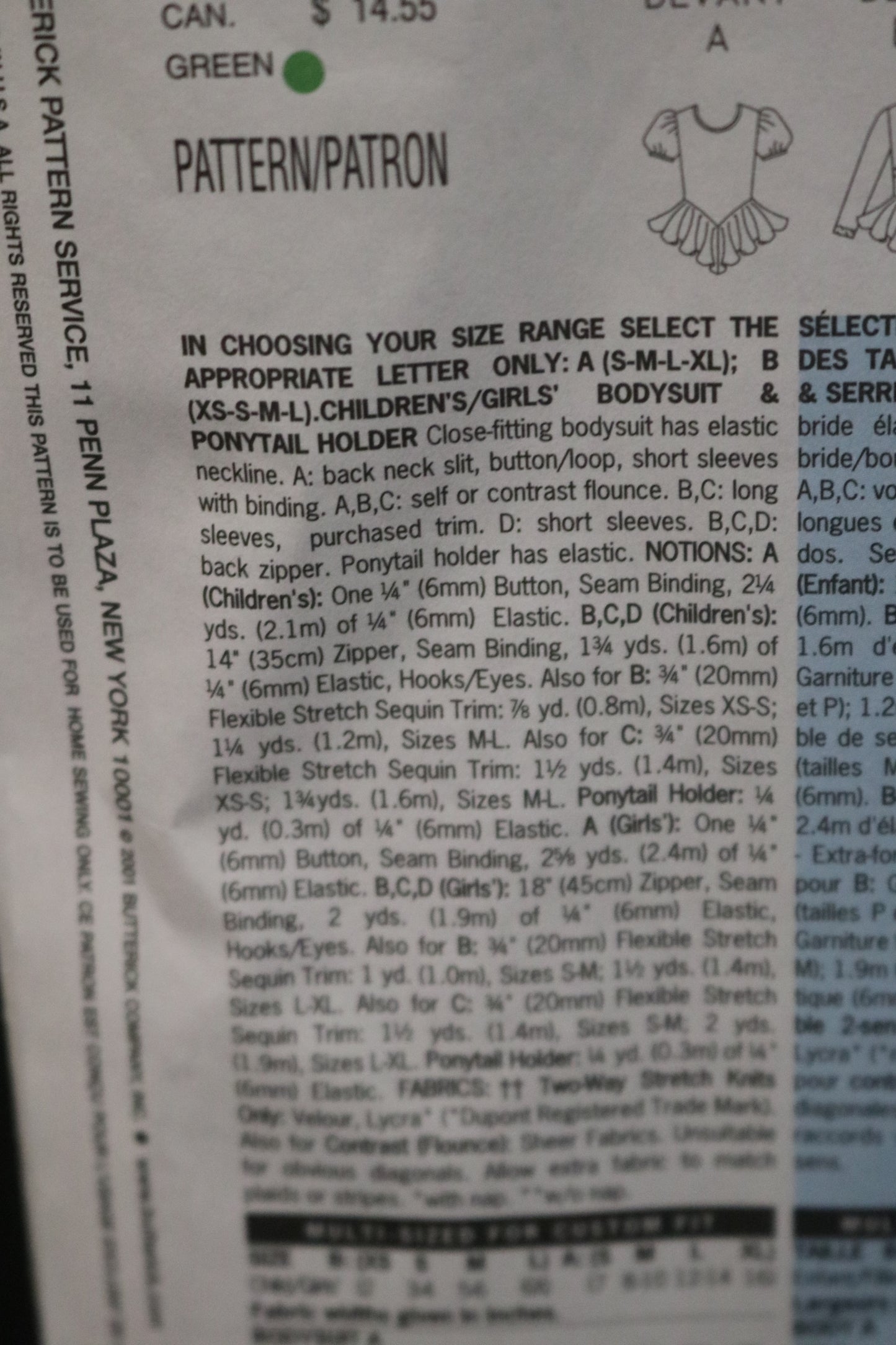 Butterick 5782 Childrens Girls Body Suit and Ponytail Holder Sewing Pattern - UNCUT - Size XS S M