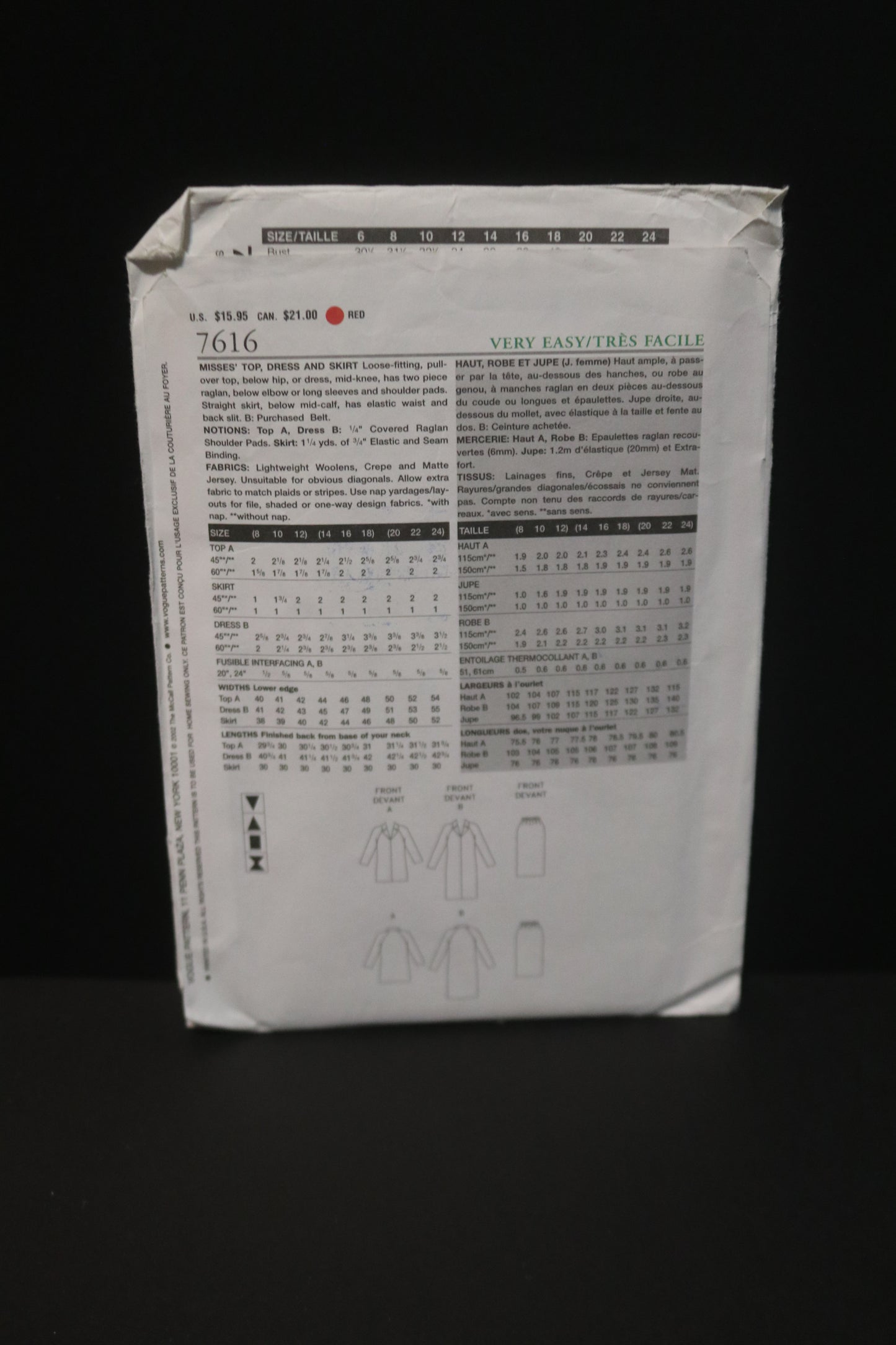 Vogue 7616 Misses Top Dress and Skirt Sewing Pattern - UNCUT - Size 14 16 18