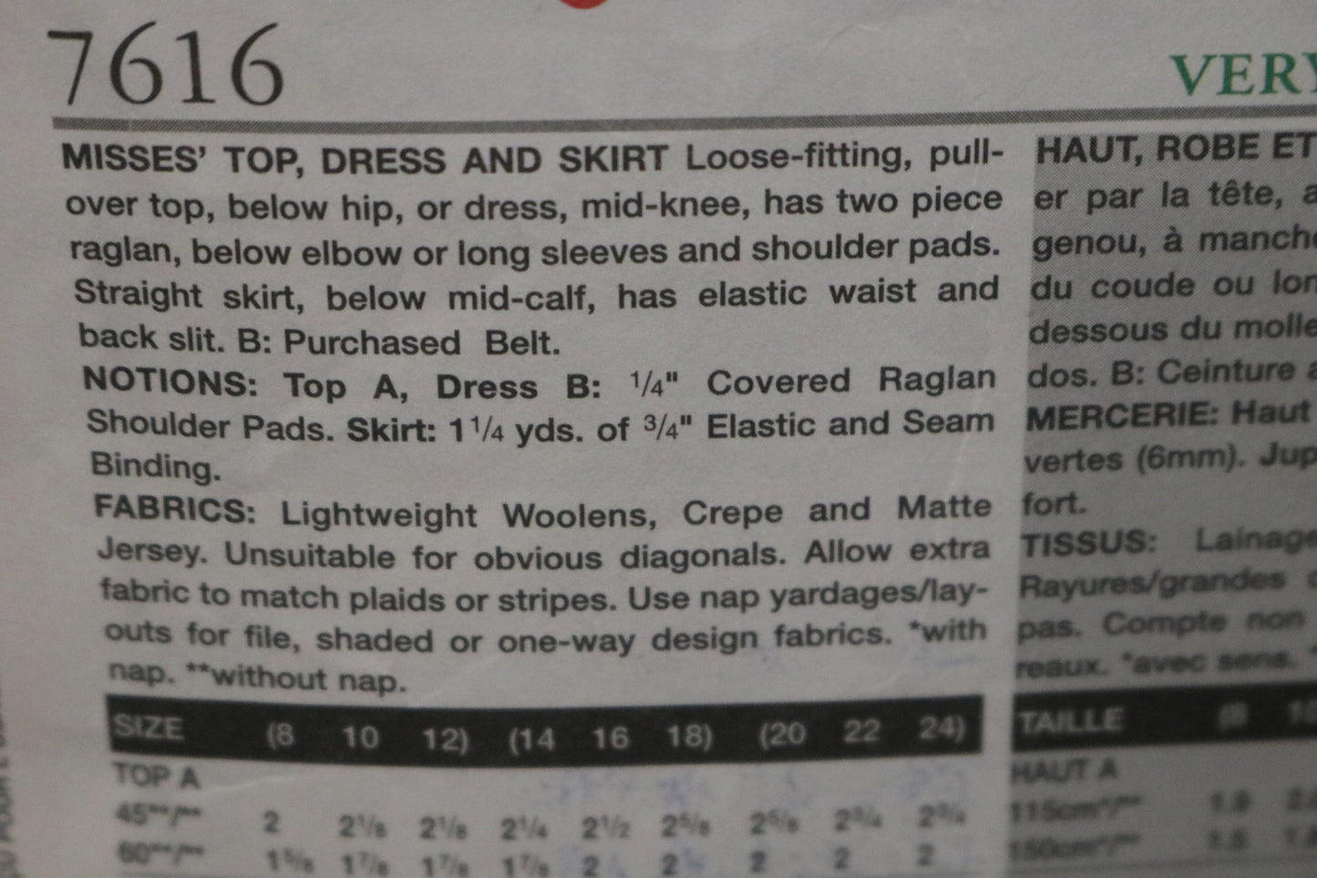 Vogue 7616 Misses Top Dress and Skirt Sewing Pattern - UNCUT - Size 14 16 18