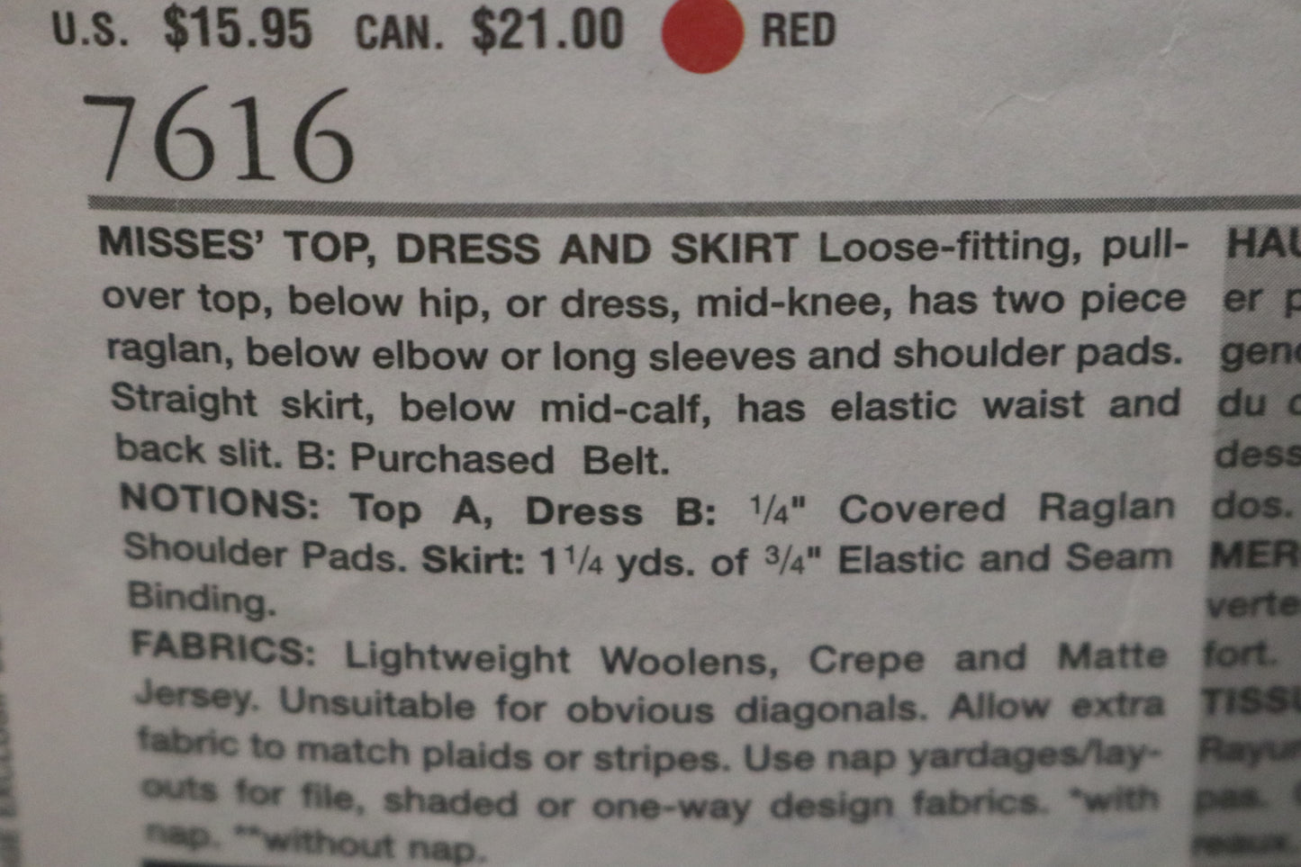 Vogue 7616 Misses Top Dress and Skirt Sewing Pattern - UNCUT - Size 14 16 18