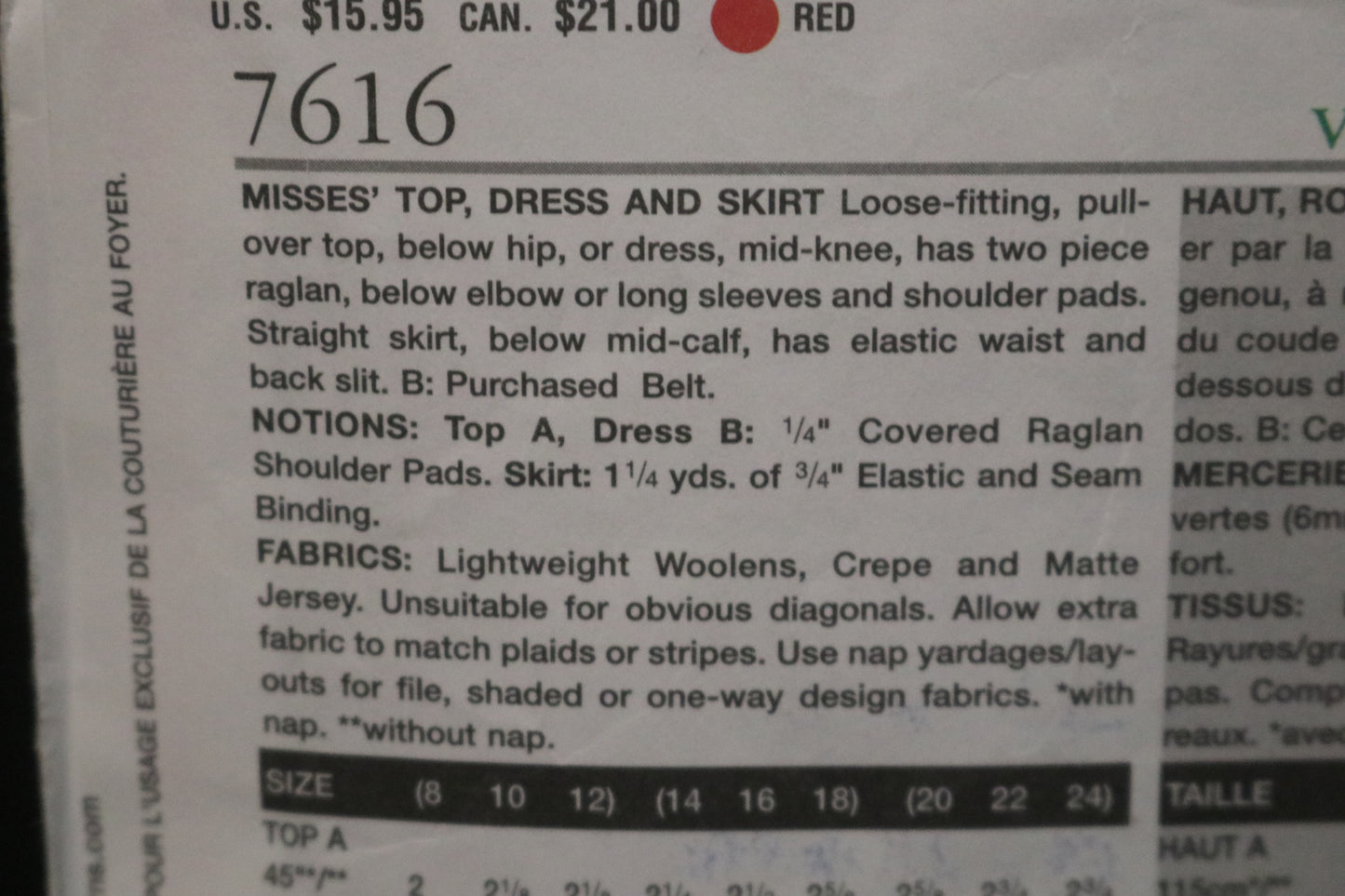 Vogue 7616 Misses Top Dress and Skirt Sewing Pattern - UNCUT - Size 14 16 18