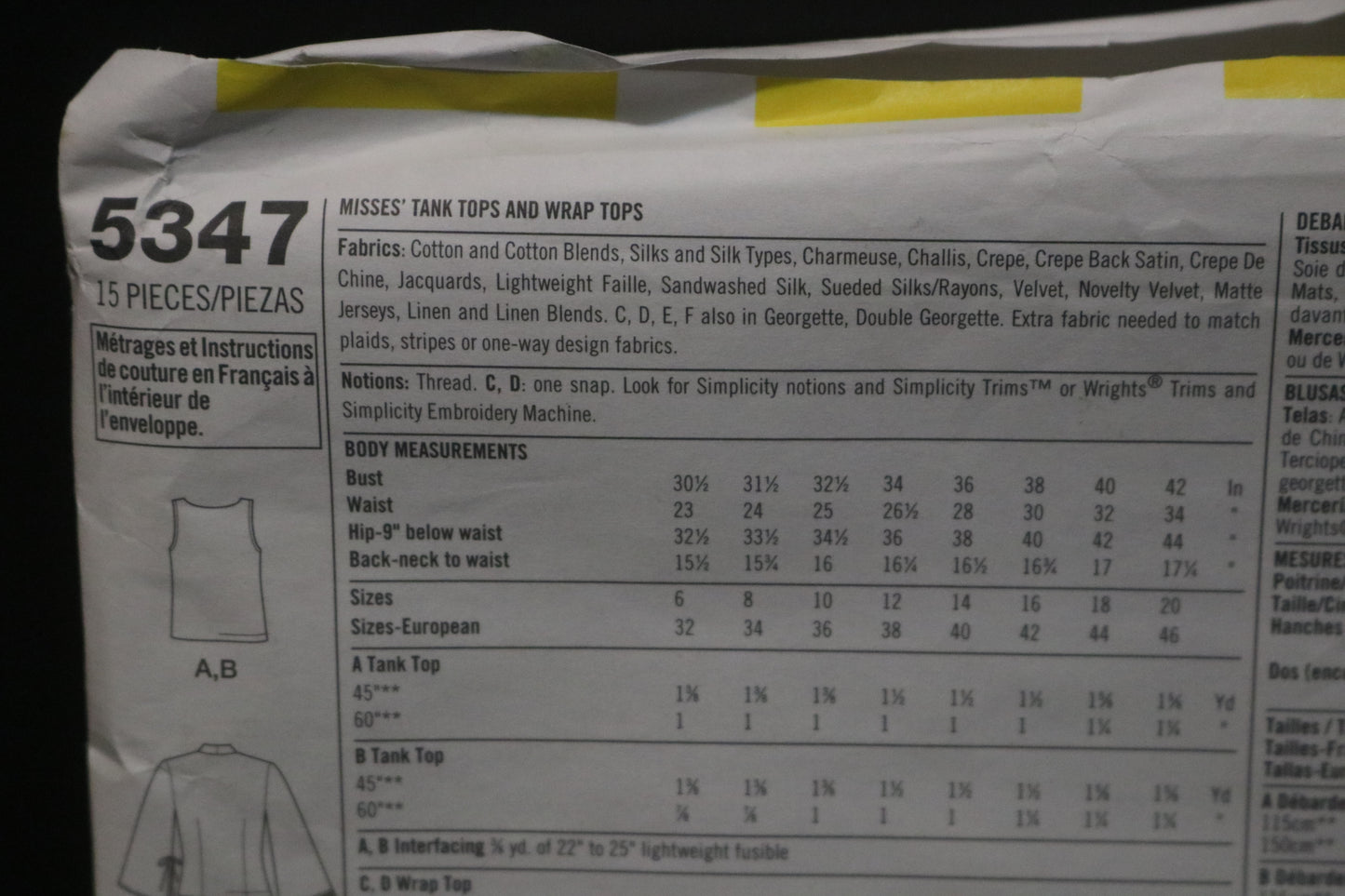 Simplicity 5347 Misses Tank Tops and Wrap Tops Sewing Pattern - UNCUT - Size 14 16 18 20