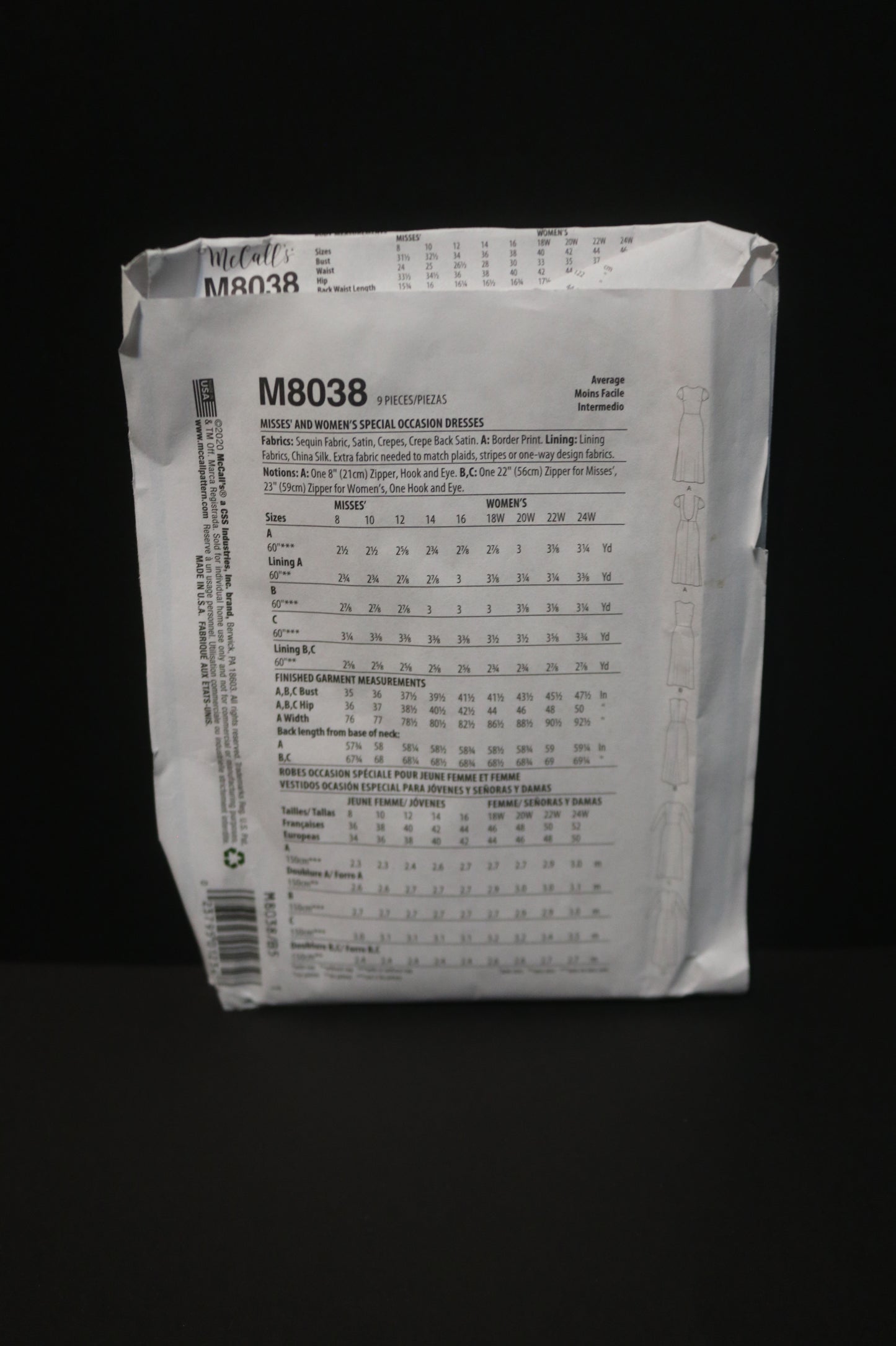McCalls 8038 Misses Special Occasion Dresses Sewing Pattern - UNCUT - Size  8 10 12 14 16