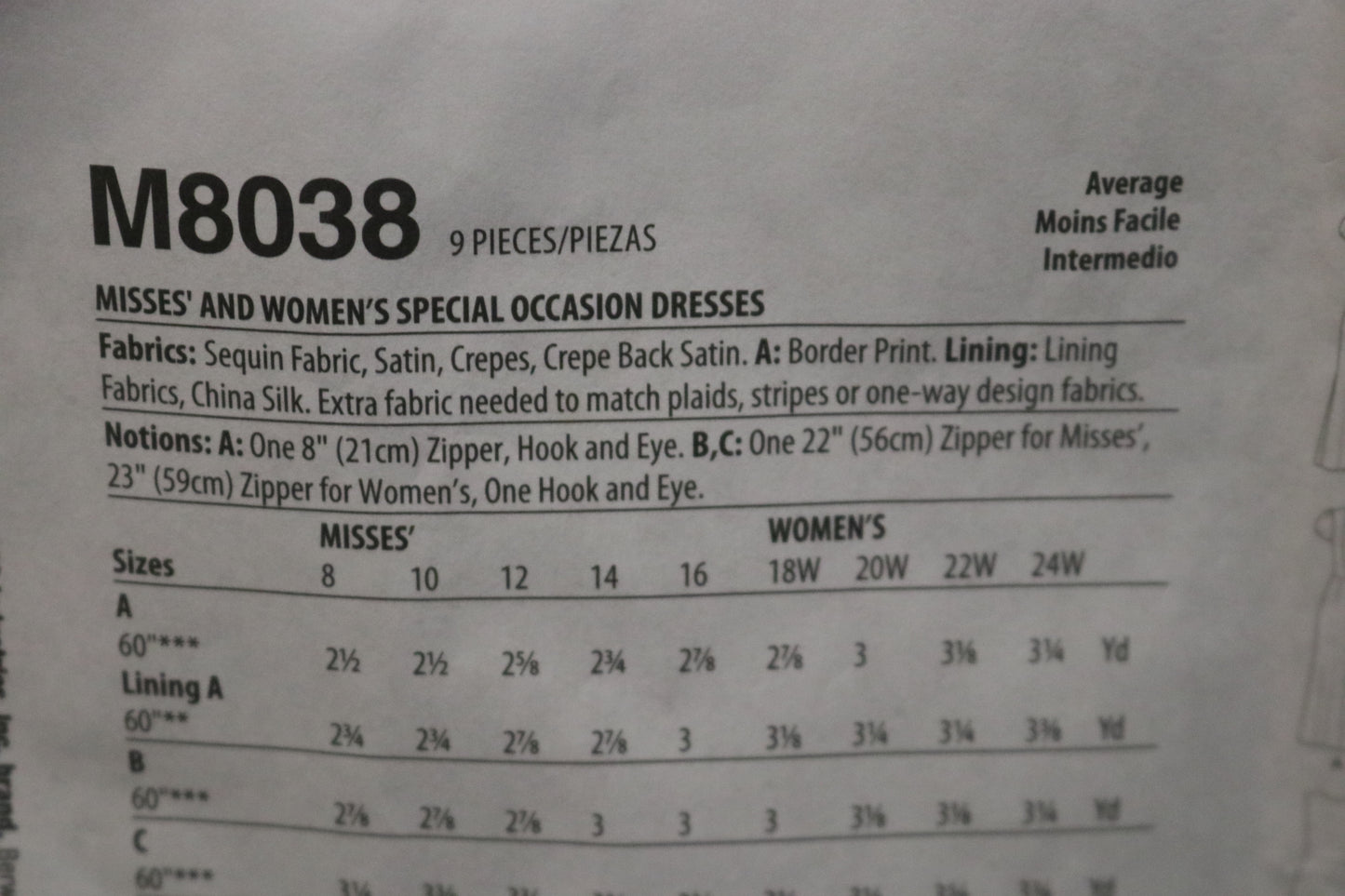 McCalls 8038 Misses Special Occasion Dresses Sewing Pattern - UNCUT - Size  8 10 12 14 16