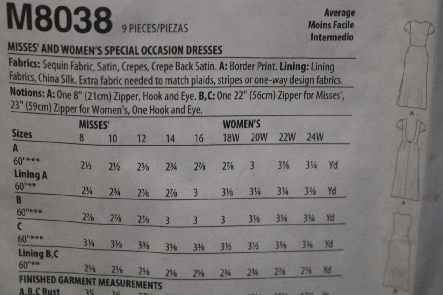 McCalls 8038 Misses Special Occasion Dresses Sewing Pattern - UNCUT - Size  8 10 12 14 16
