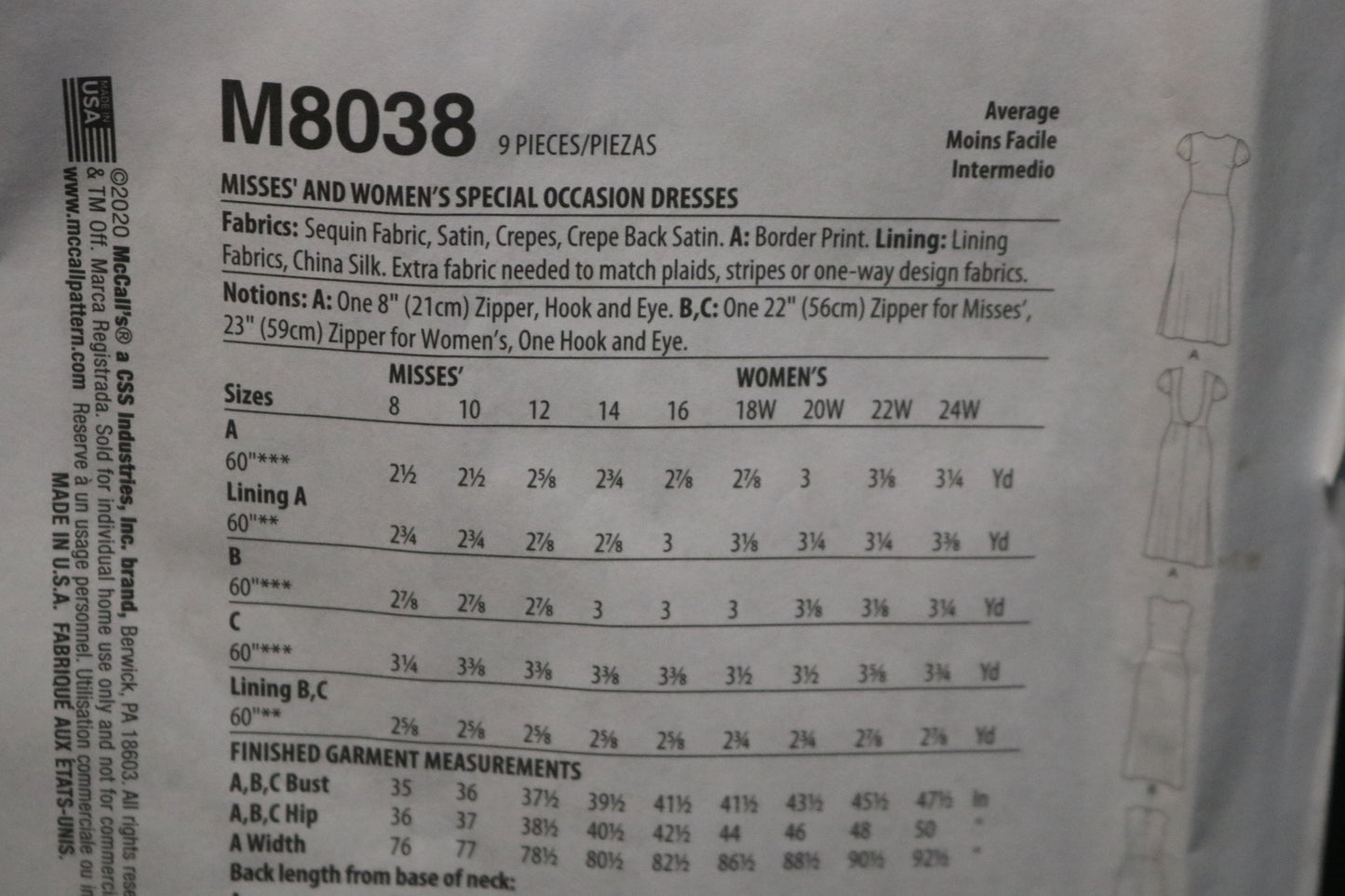 McCalls 8038 Misses Special Occasion Dresses Sewing Pattern - UNCUT - Size  8 10 12 14 16