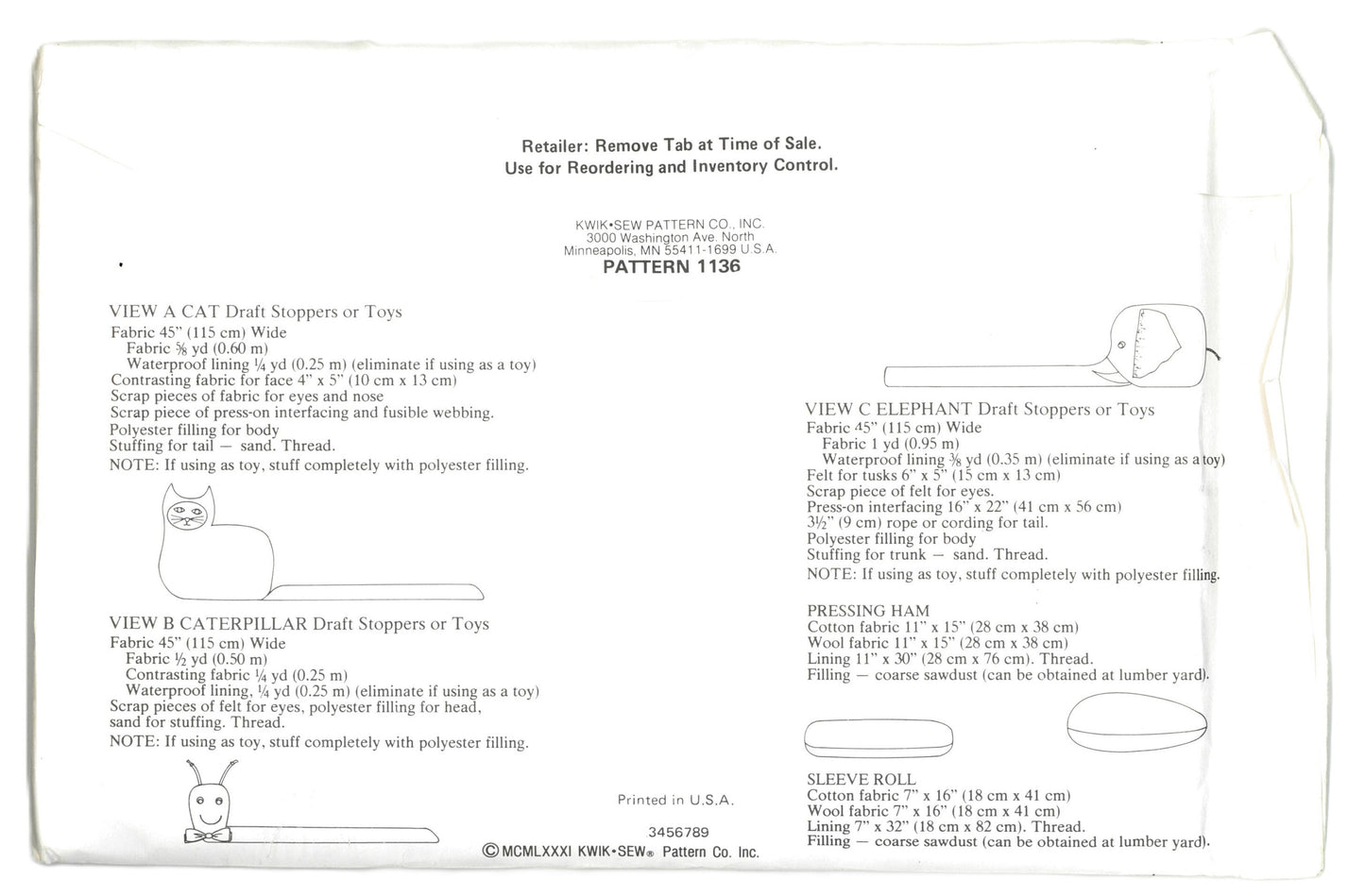 Kwik Sew 1136 Draft Stoppers or Toys ( Cat, Caterpillar, Elephants, Sleeve Roll ) Sewing Pattern UNCUT