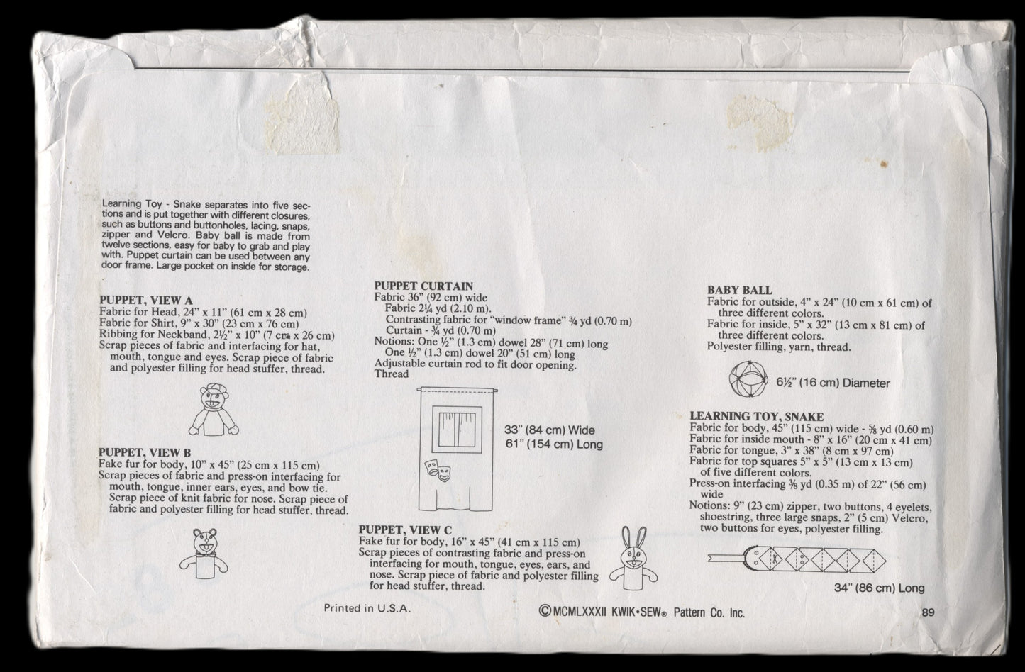 Kwik Sew 1217 Learning Toys Sewing Pattern UNCUT - Puppets, Puppet Curtain, Baby Ball and Learning Snake