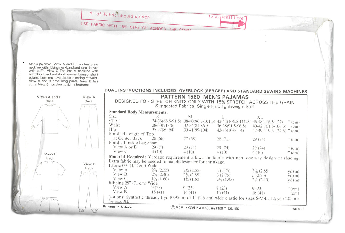 Kwik Sew 1560 Mens Pajamas Sewing Pattern - UNCUT Size S M L XL