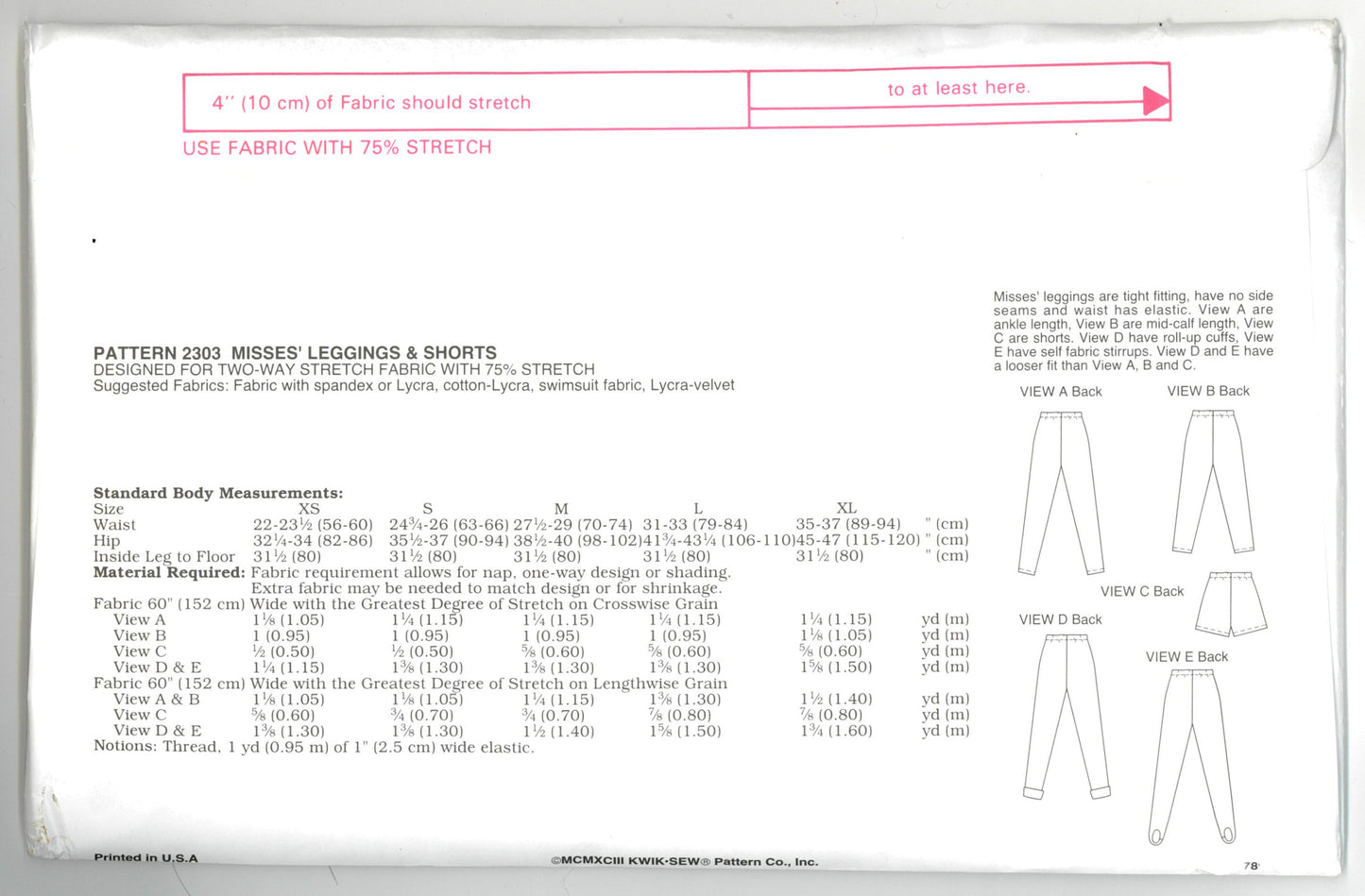 Kwik Sew 2303 Misses Leggings & Shorts Sewing Pattern UNCUT Size Xs S M L XL