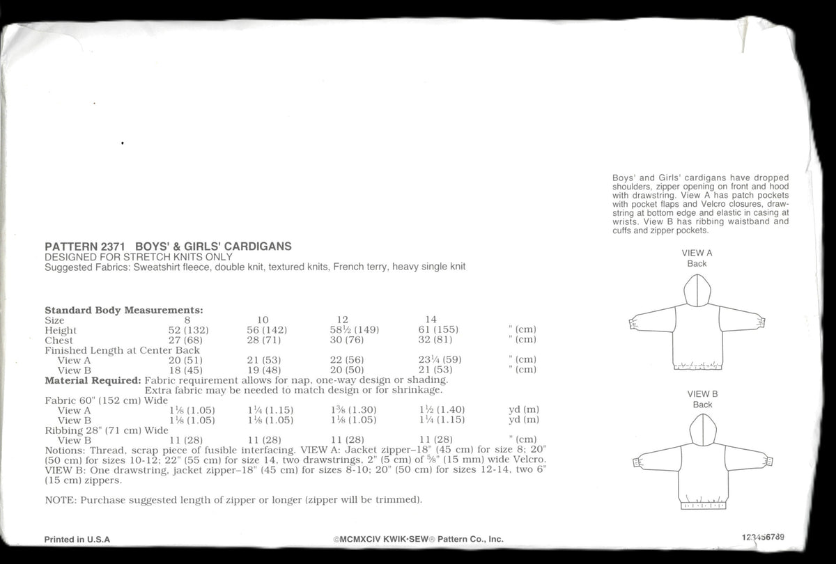 Kwik Sew 2371 Boys and Girls Cardigans (Zip Front Jacket)  Sewing Pattern UNCUT Size 8 10 12 14