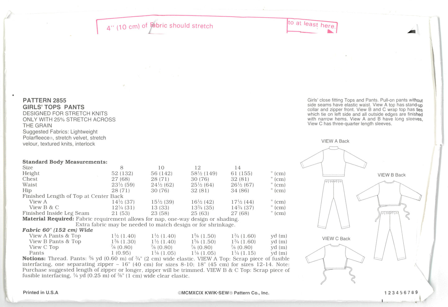 Kwik Sew 2855 Girls Top and Pants Sewing Pattern - UNCUT - Size 8 10 12 14