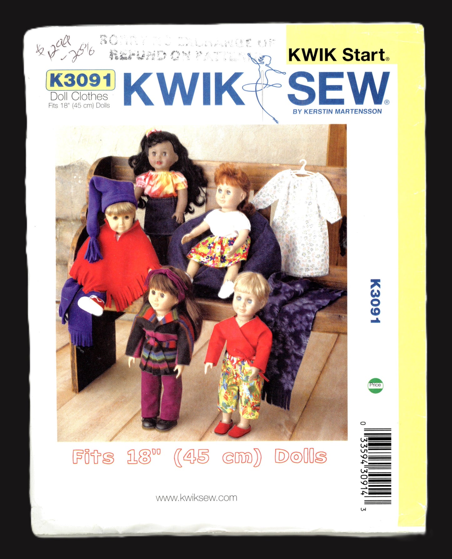 Kwik Sew 3091 Doll Clothes Fits 18" (45cm) Dolls Sewing Pattern UNCUT