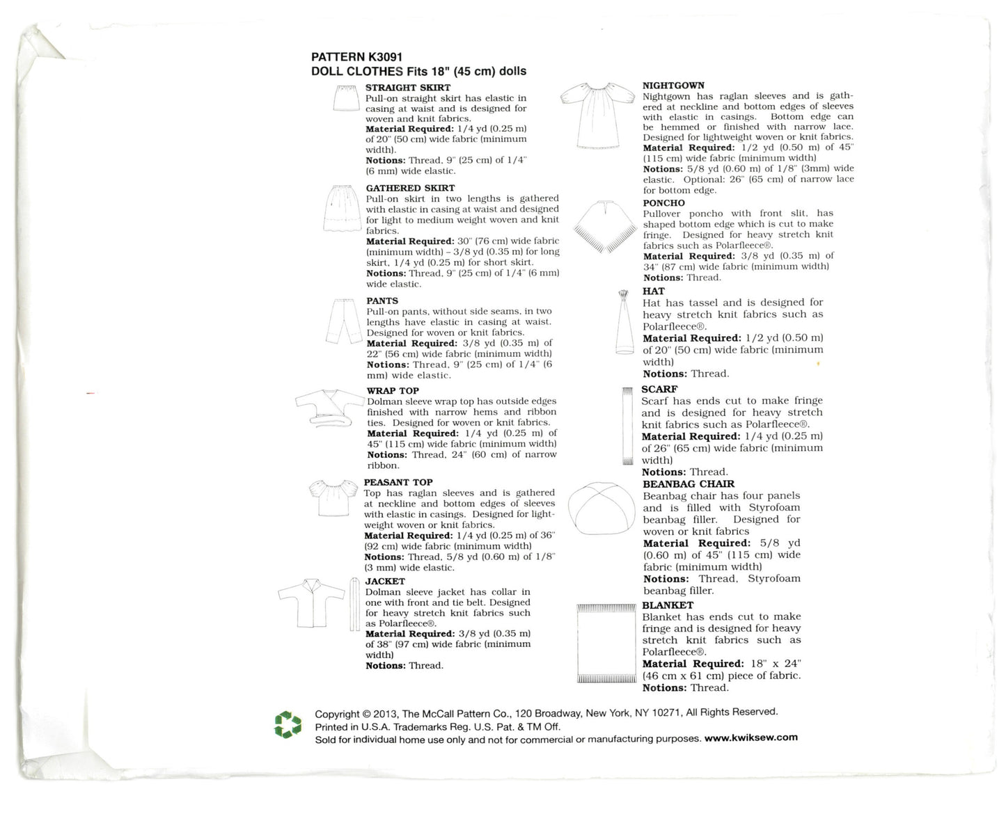 Kwik Sew 3091 Doll Clothes Fits 18" (45cm) Dolls Sewing Pattern UNCUT