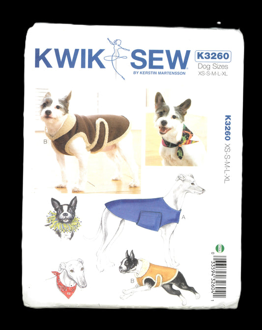 Kwik Sew 3260 Dog Coats, Bandana and Party Collar Sewing Pattern UNCUT - Size XS S M L XL