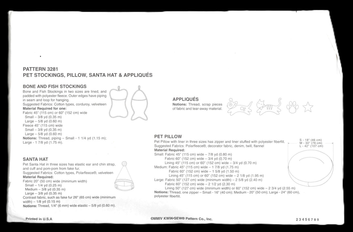 Kwik Sew 3281 Pet Stockings, Pillow, Santa Hat and Appliques Sewing Pattern UNCUT