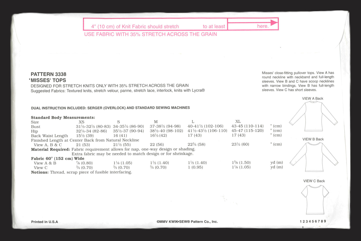 Kwik Sew 3338 Misses Tops Sewing Pattern - UNCUT - Size Xs S M L XL