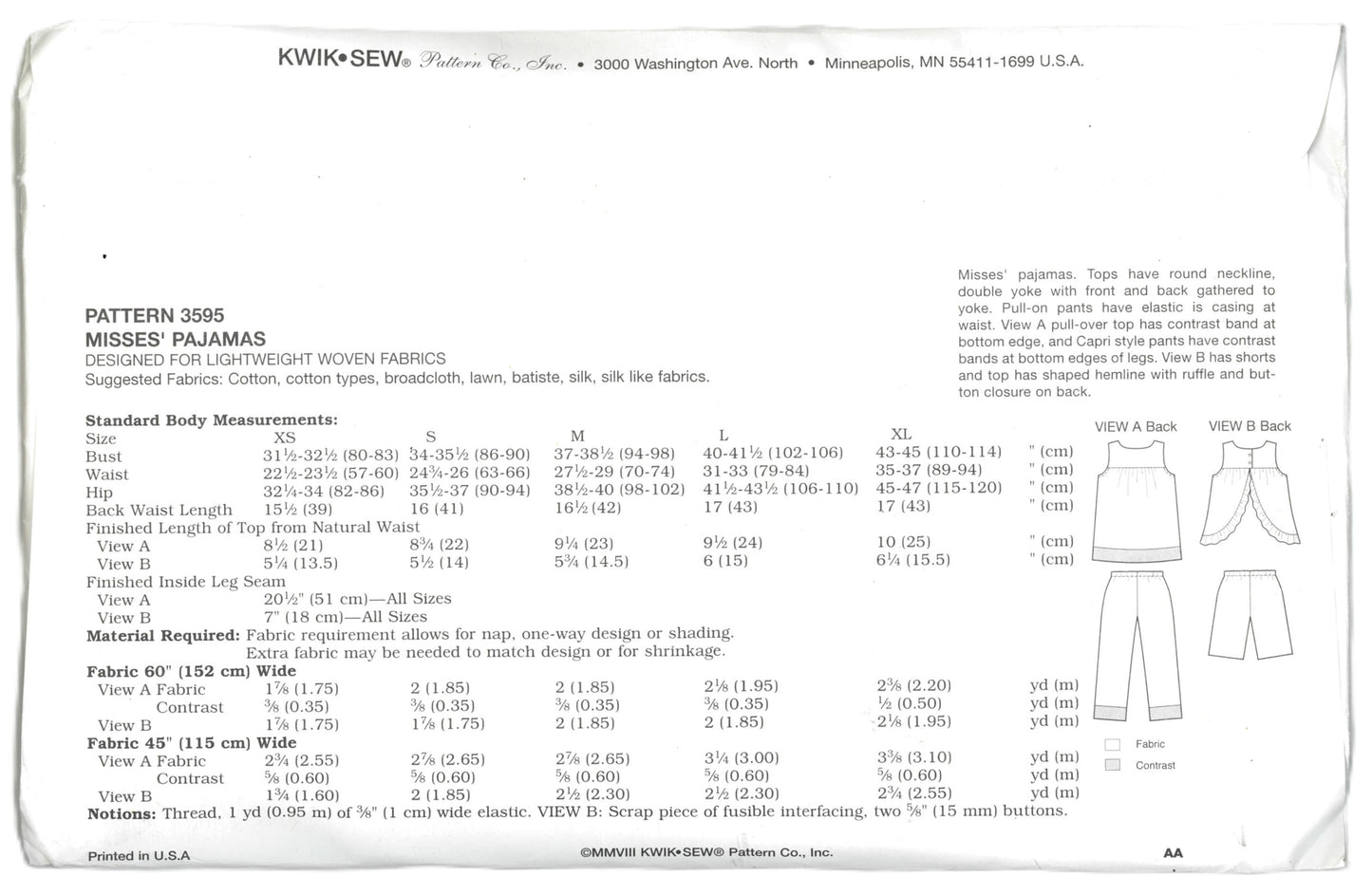 Kwik Sew 3595 Misses Pajamas Sewing Pattern - UNCUT - Size XS S M L XL