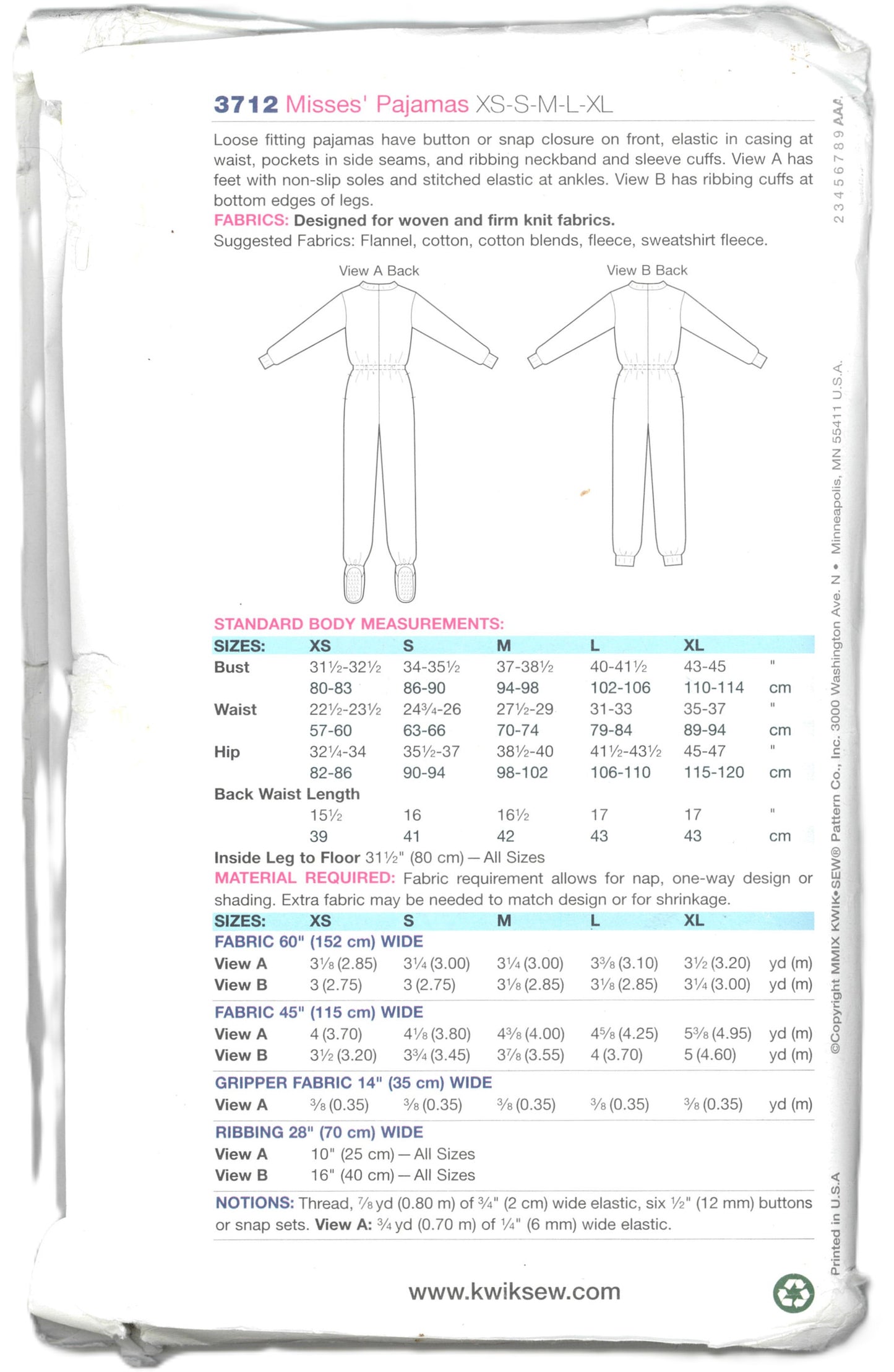 Kwik Sew 3712 Misses Pajamas Sewing Pattern - UNCUT - Size XS S M L XL