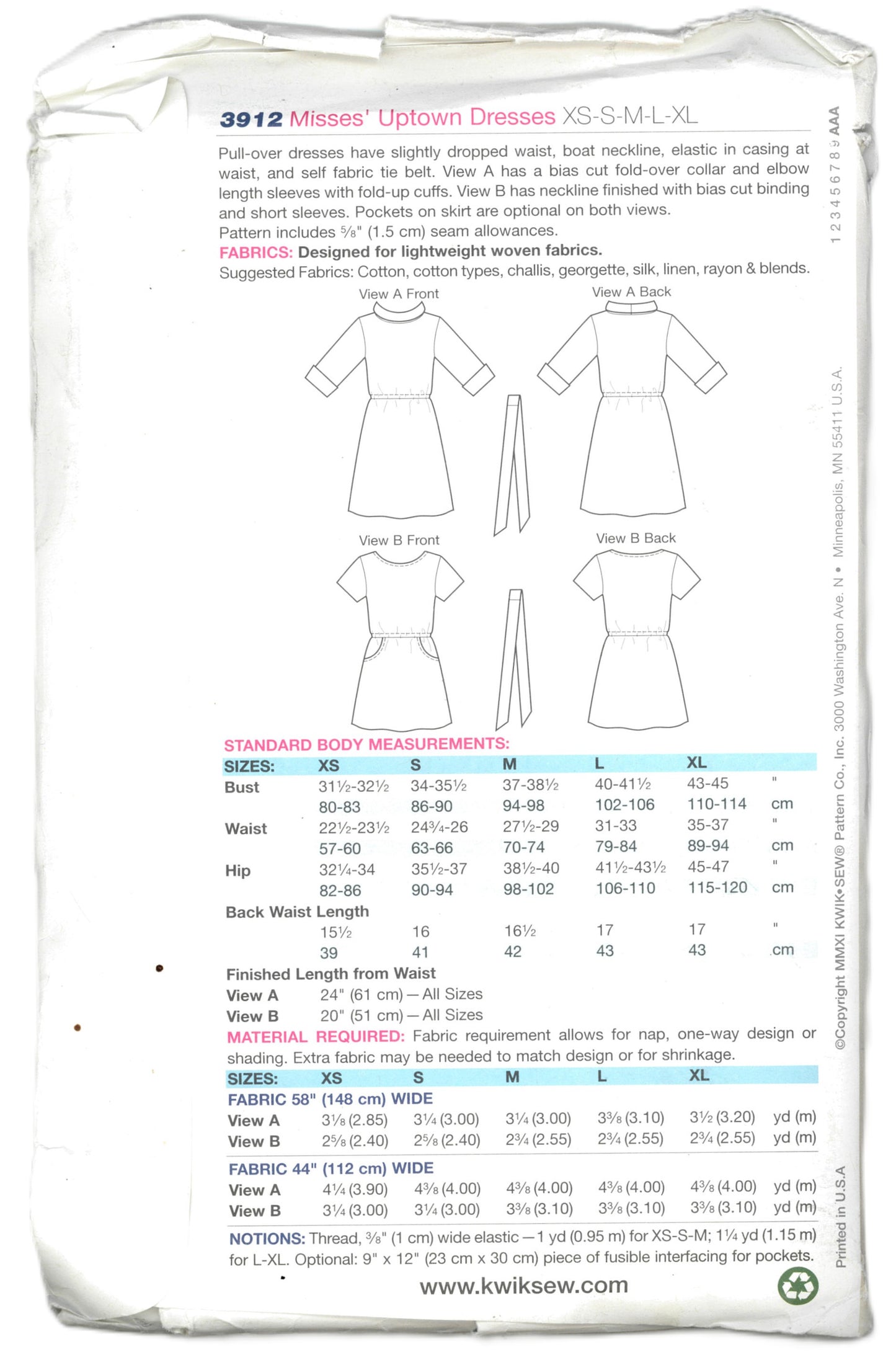 Kwik Sew 3912 Misses Uptown Dresses Sewing Pattern - UNCUT - Size Xs S M L XL