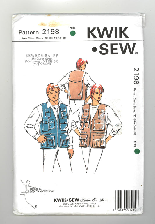 Kwik Sew 2198 Unisex Mens Womens Hunting or Fishing Sports Vest Sewing Pattern - UNCUT - Size 32 36 40 44 48
