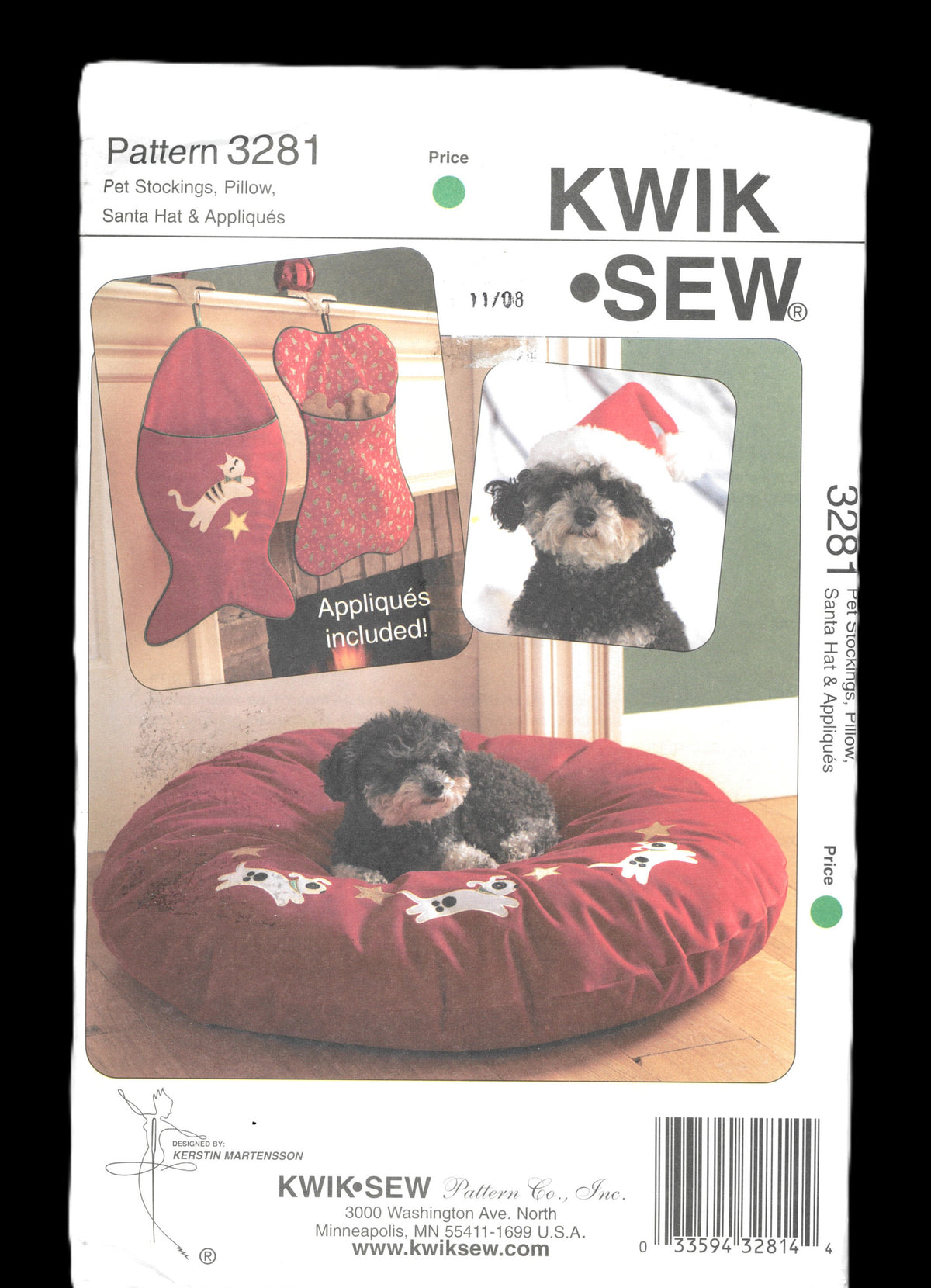 Kwik Sew 3281 Pet Stockings, Pillow, Santa Hat and Appliques Sewing Pattern UNCUT