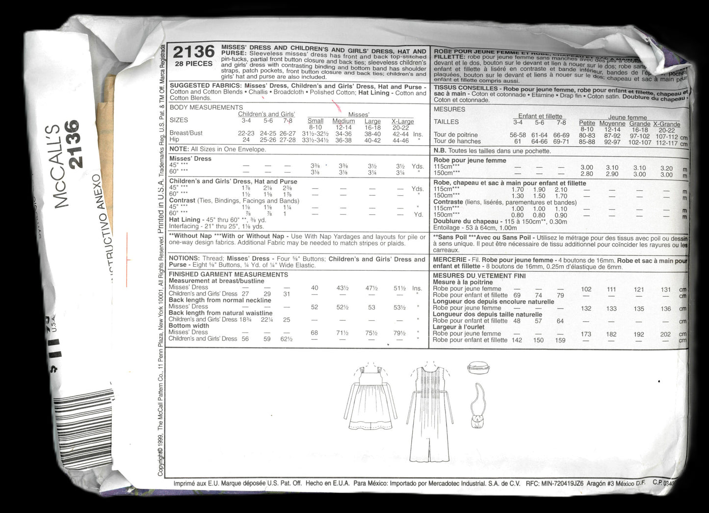 McCalls 2136 Mother and Daughter - Mises Dress and Girls Dress Hat and Purse Sewing Pattern UNCUT Childs Size 3 - 8  Misses Size 8 to 22