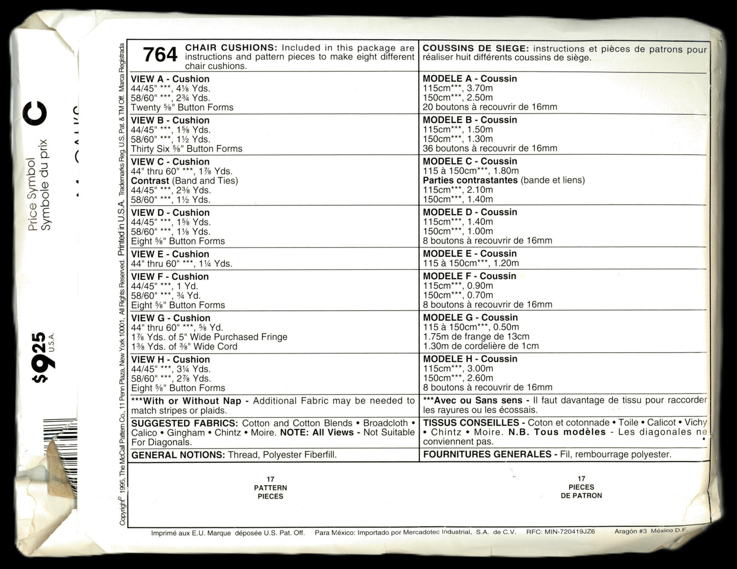 McCalls 764 Included in this package are instructions and pattern pieces to make 8 different chair cushions.&nbsp;