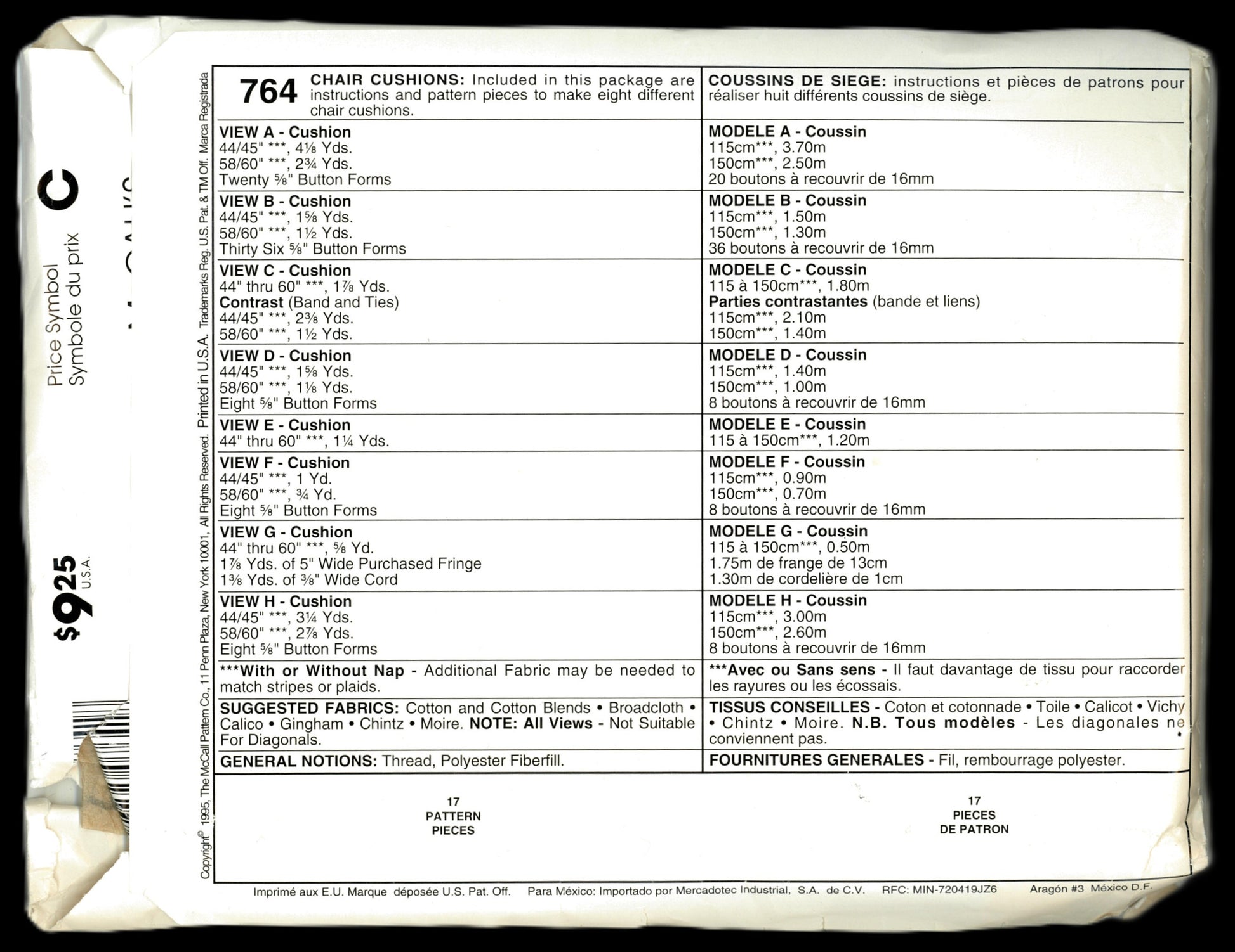 McCalls 764 Included in this package are instructions and pattern pieces to make 8 different chair cushions.&nbsp;