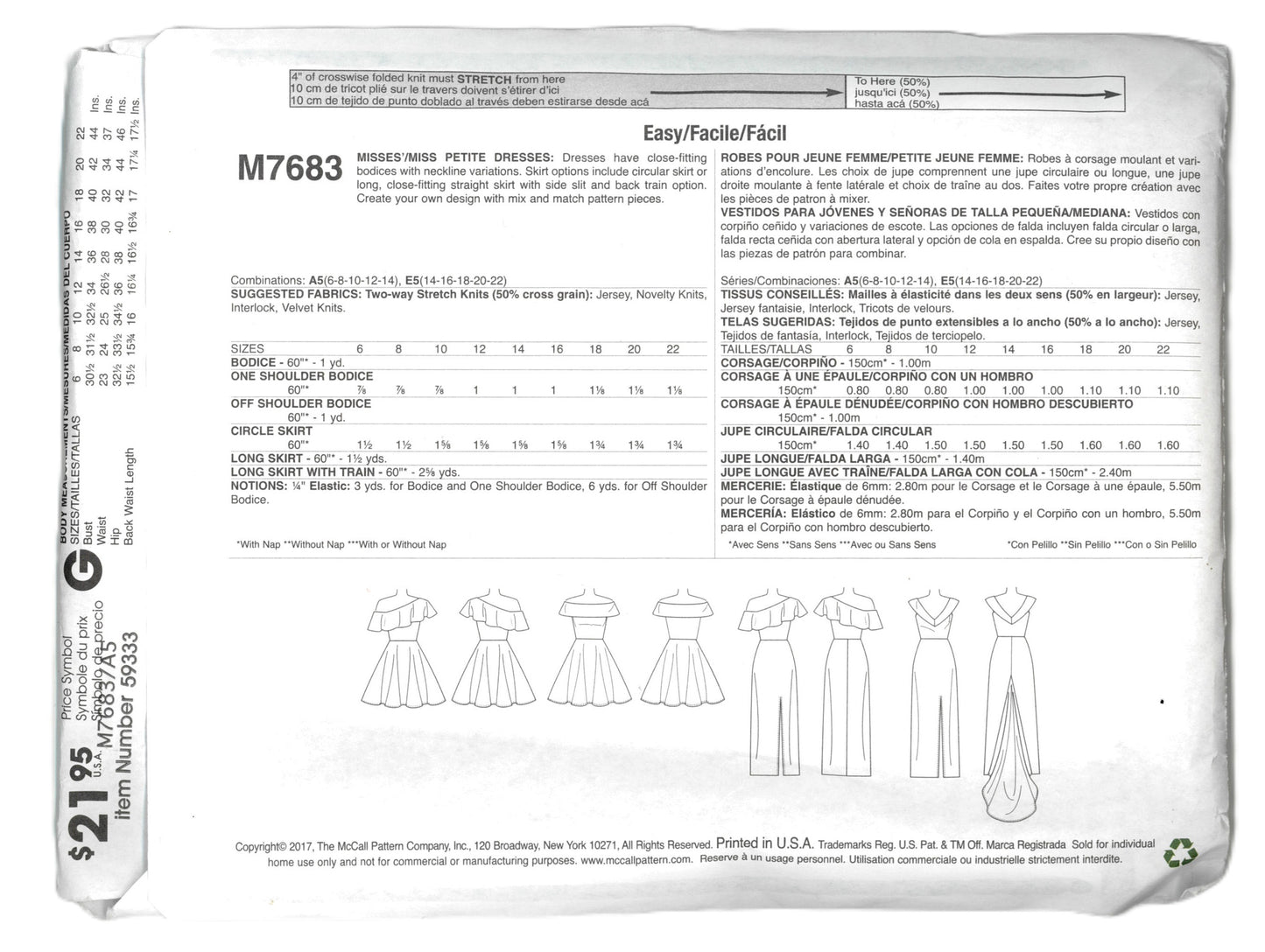 McCalls 7683 Misses / Miss Petite Dresses Sewing Pattern - UNCUT - Size 6 8 10 12 14