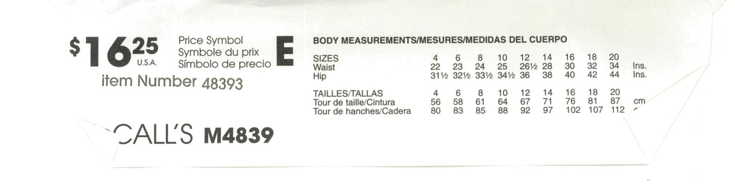 McCalls 4839 Misses / Miss Petite Shorts in Two Lengths and Pants in Three Lengths Sewing Pattern UNCUT - Size 14 16 18 20