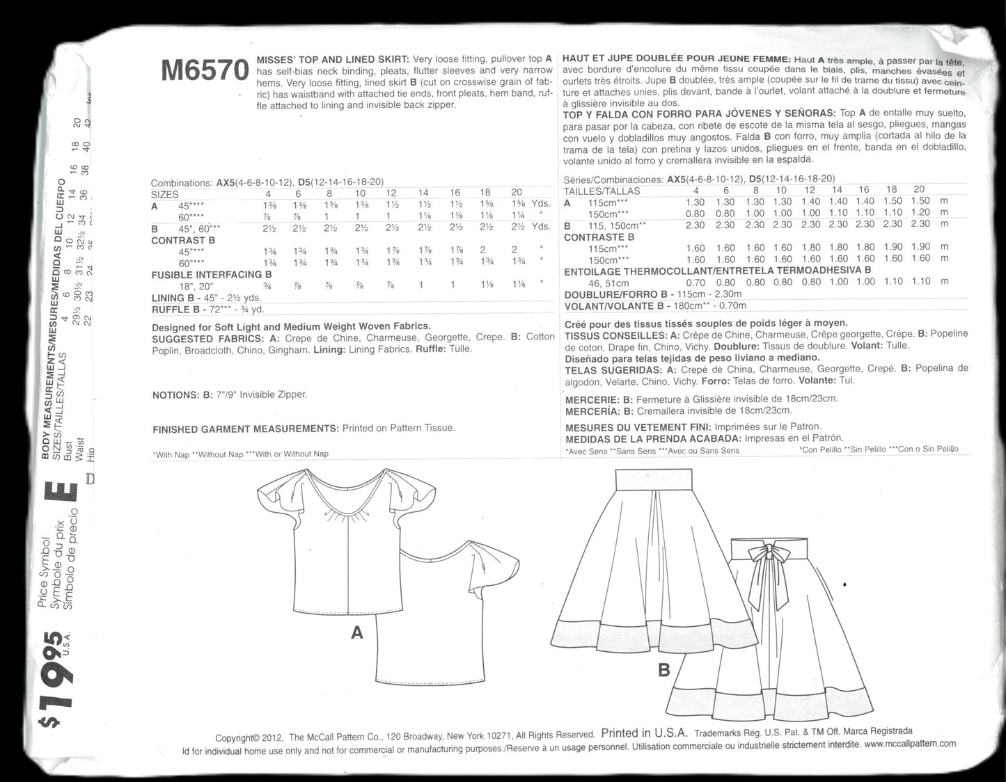 McCalls 6570 Misses Top and Lined Skirt Sewing Pattern UNCUT Size 4 6 8 10 12